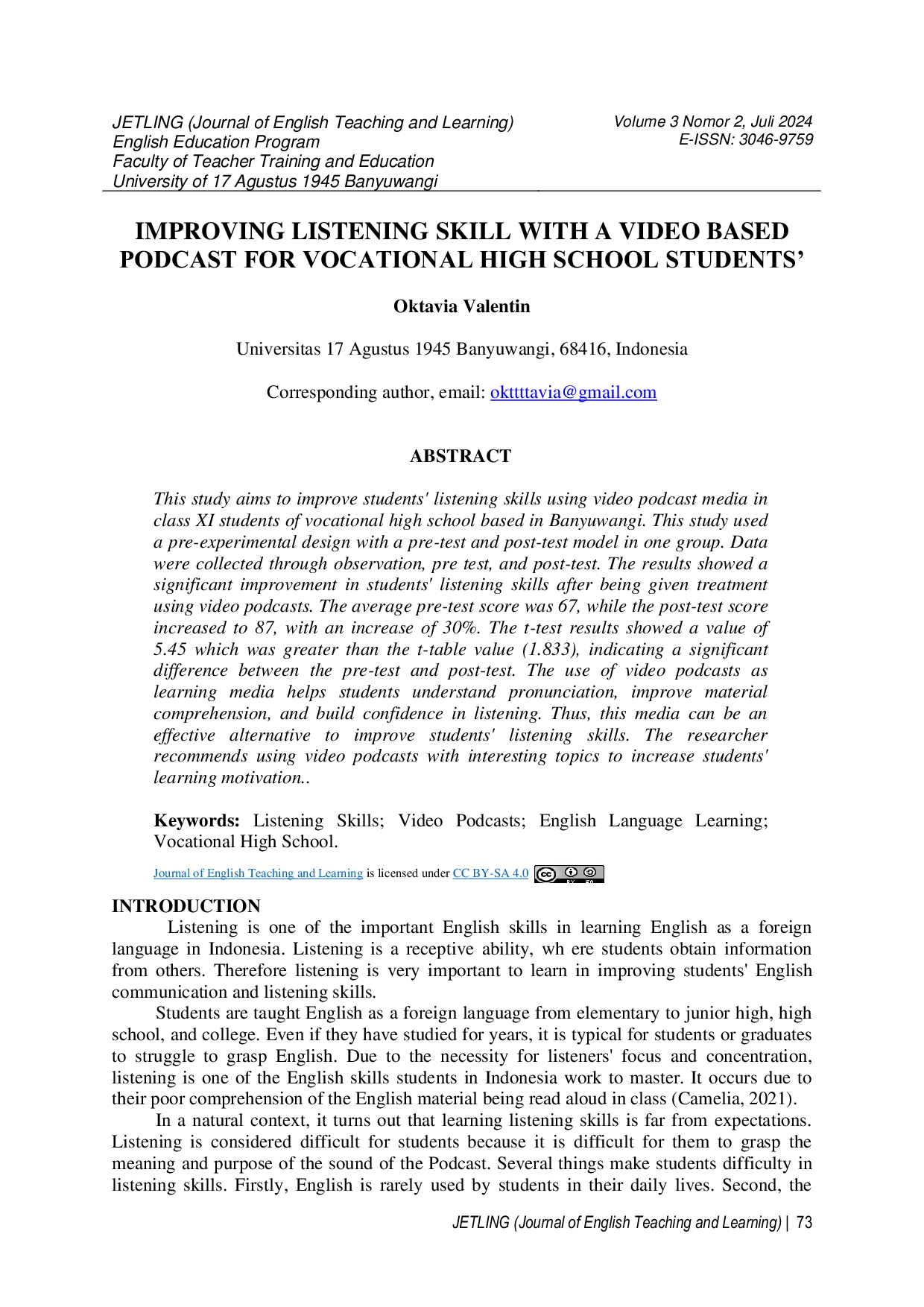 JURIS Improving Listening Skill with a Video Based Podcast for Vocational High School Students
