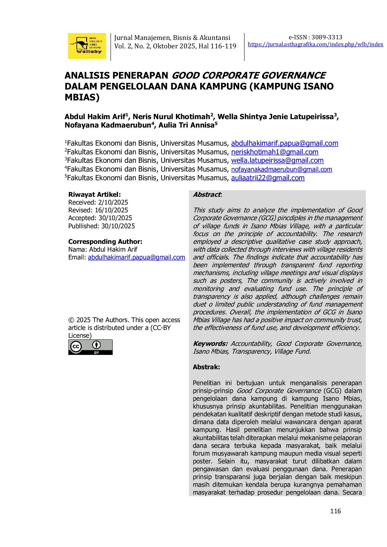 JURIS Analisis Penerapan Good Corporate Governance Dalam Pengelolaan Dana Kampung Kampung Isano Mbias