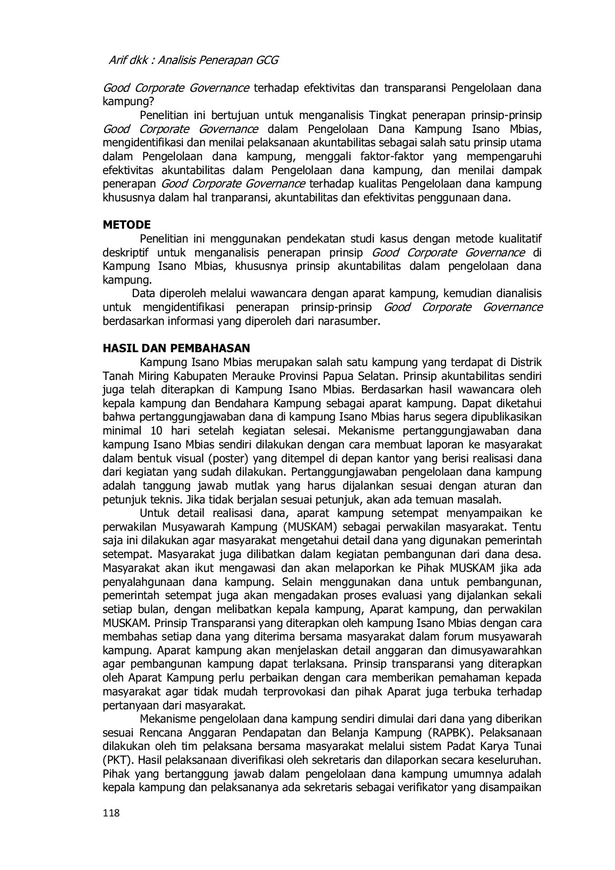 JURIS Analisis Penerapan Good Corporate Governance Dalam Pengelolaan Dana Kampung Kampung Isano Mbias