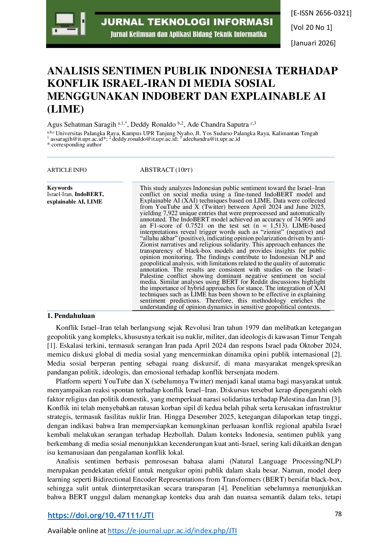 JURIS Analisis Sentimen Publik Indonesia Terhadap Konflik Israel Iran Di Media Sosial Menggunakan Indobert Dan Explainable Ai Lime