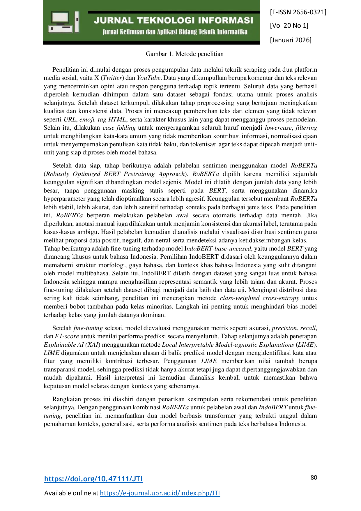 JURIS Analisis Sentimen Publik Indonesia Terhadap Konflik Israel Iran Di Media Sosial Menggunakan Indobert Dan Explainable Ai Lime