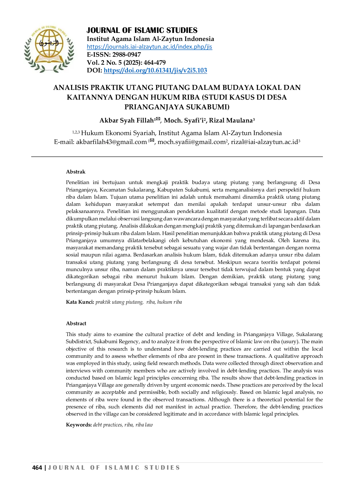 JURIS Analisis Praktik Utang Piutang dalam Budaya Lokal dan Kaitannya dengan Hukum Riba Studi Kasus Di Desa Prianganjaya Sukabumi