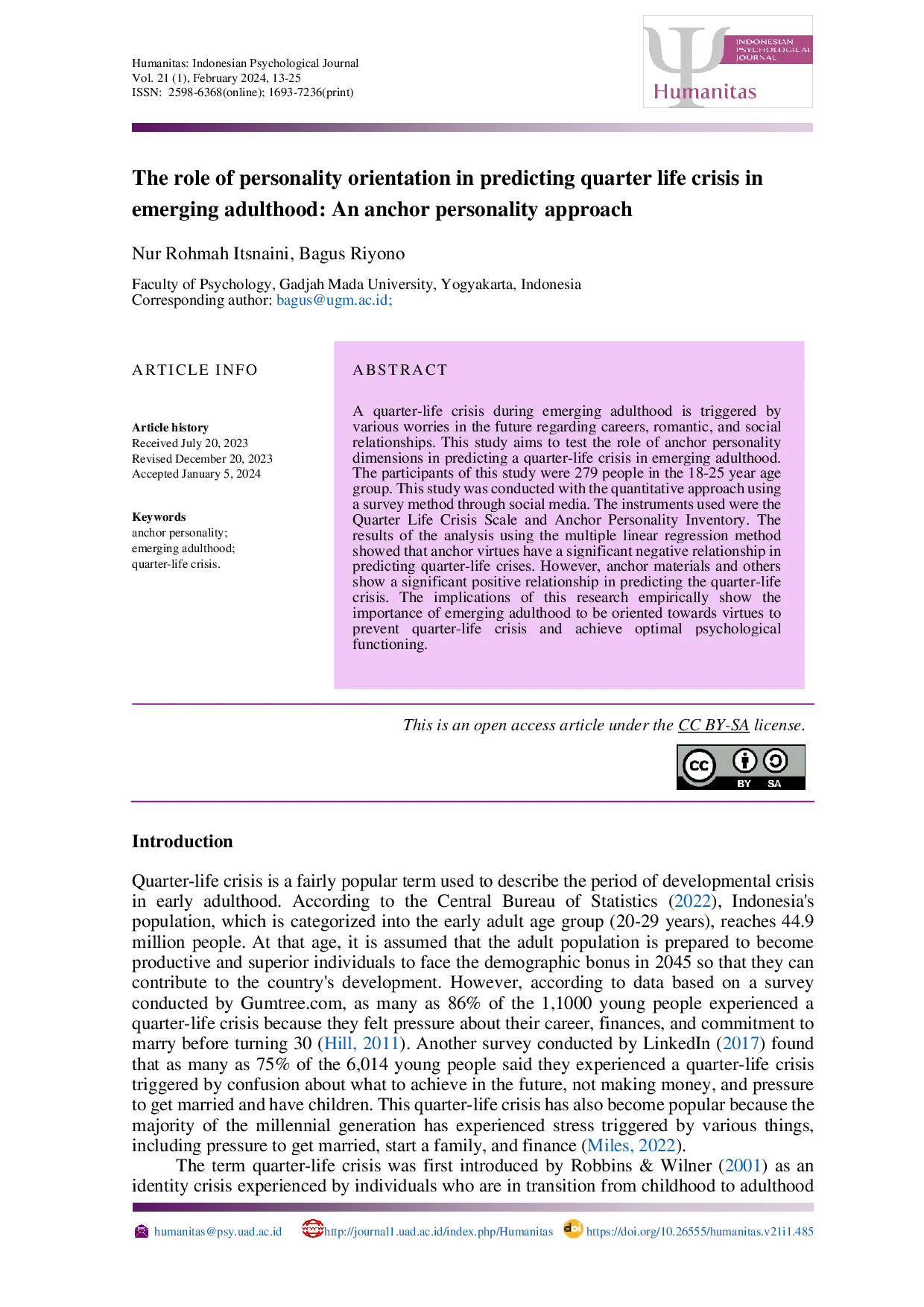 JURIS The role of personality orientation in predicting quarter life crisis in emerging adulthood An anchor personality approach
