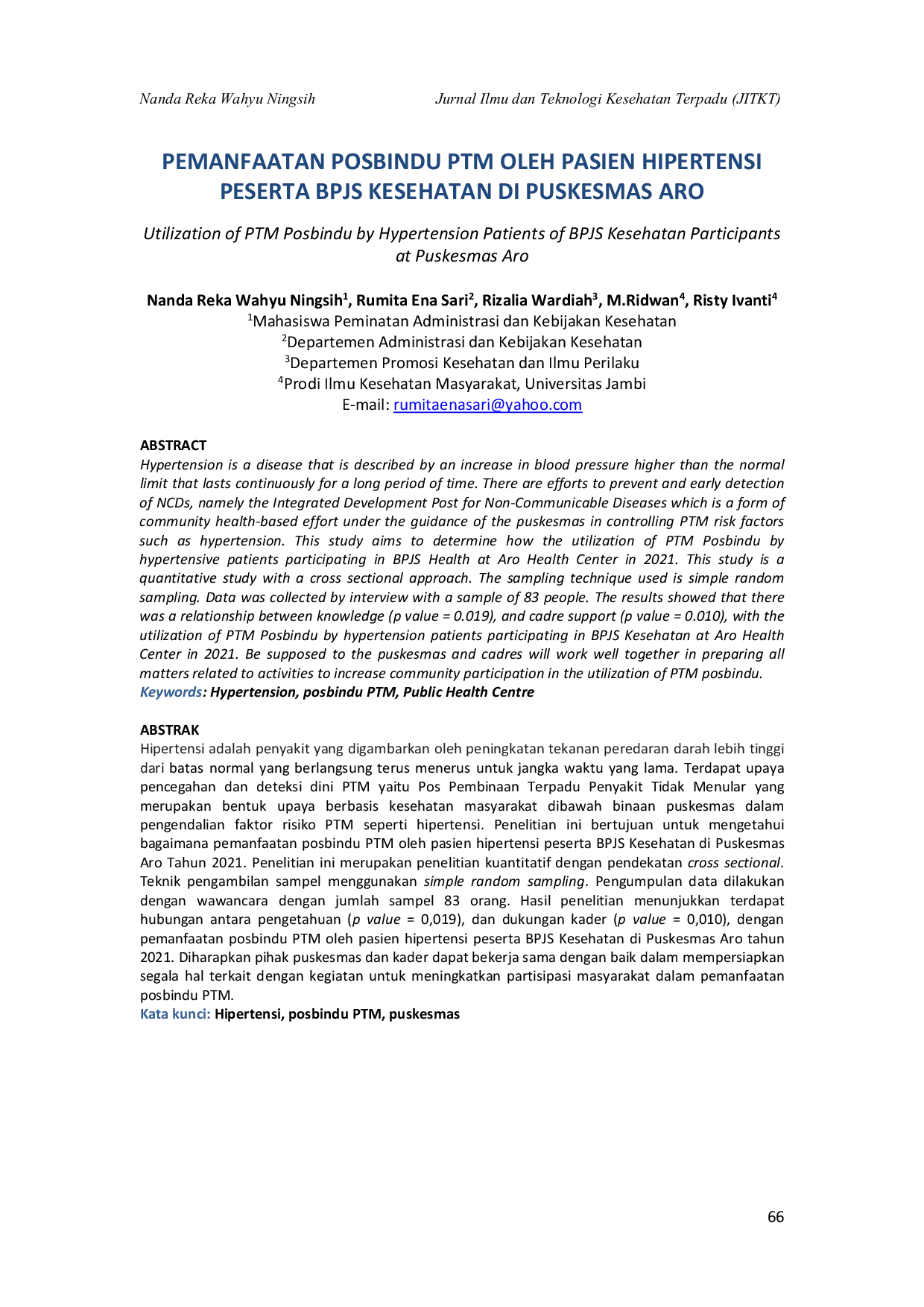 JURIS PEMANFAATAN POSBINDU PTM OLEH PASIEN HIPERTENSI PESERTA BPJS KESEHATAN DI PUSKESMAS ARO Utilization of PTM Posbindu by Hypertension Patients of BPJS Kesehatan Participants at Puskesmas Aro