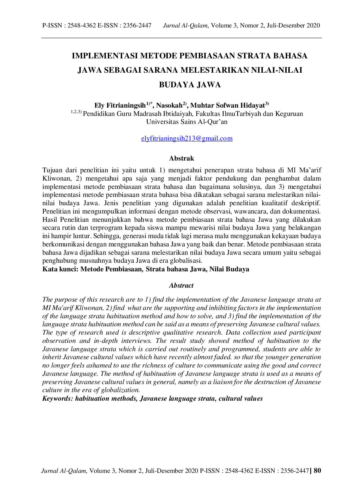 JURIS Implementasi Metode Pembiasaan Strata Bahasa Jawa Sebagai Sarana Melestarikan Nilai Nilai Budaya Jawa