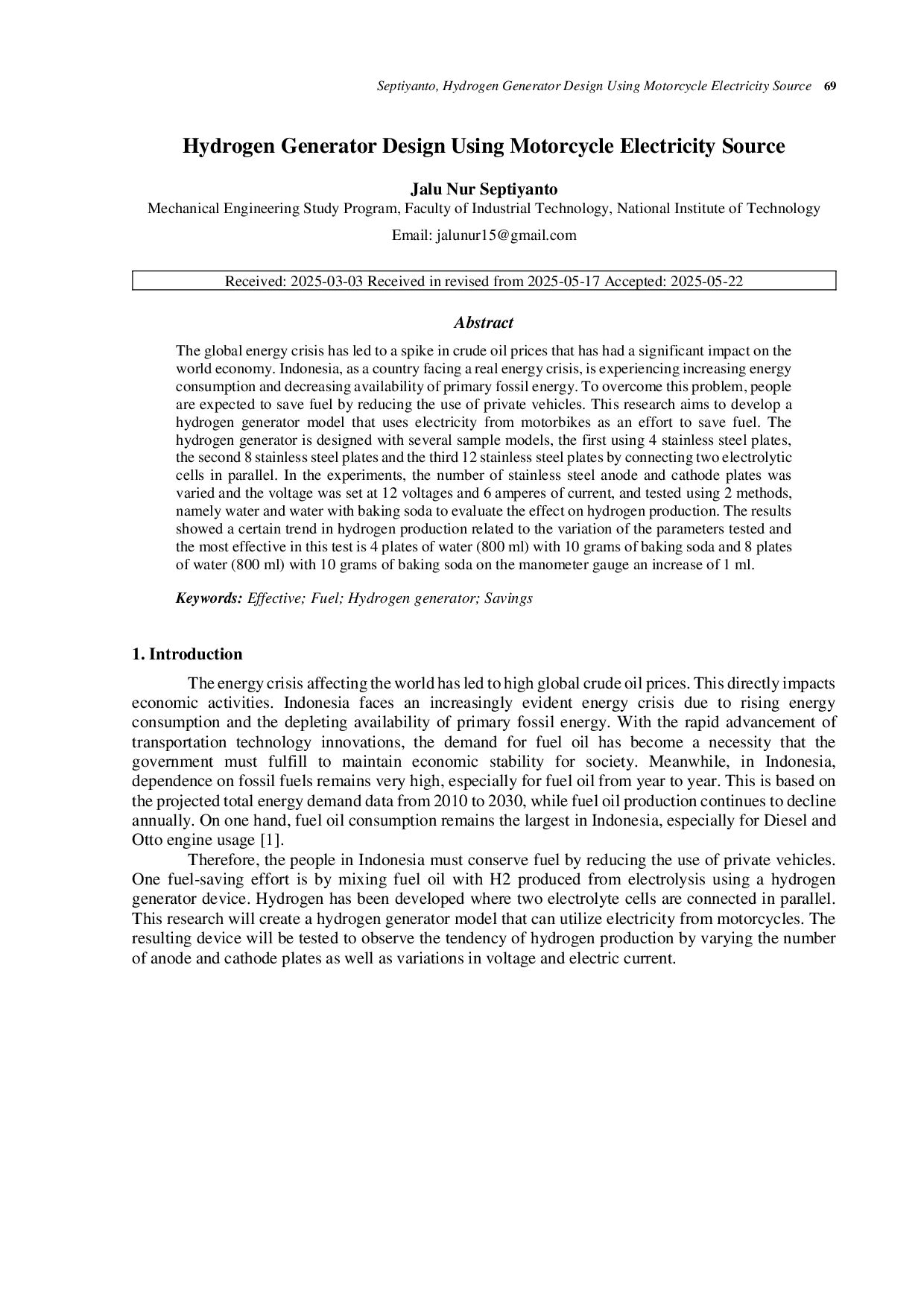 JURIS Hydrogen Generator Design Using Motorcycle Electricity Source