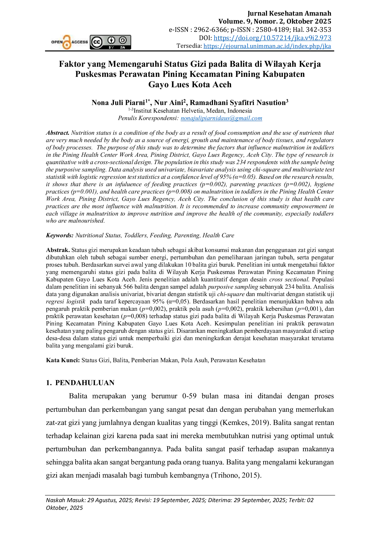 JURIS Faktor Yang Memengaruhi Status Gizi Pada Balita Di Wilayah Kerja Puskesmas Perawatan Pining Kecamatan Pining Kabupaten Gayo Lues Kota Aceh