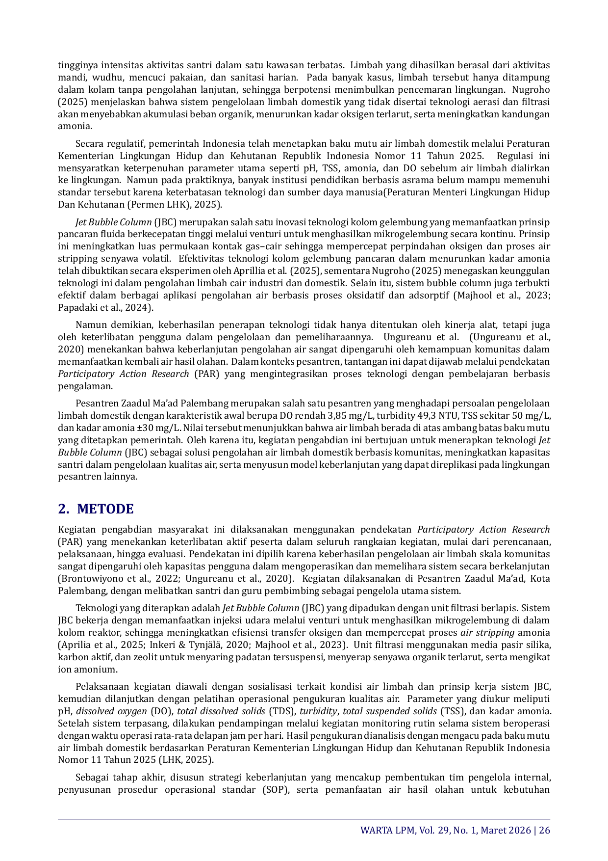 JURIS The Role of Jet Bubble Column Technology in Domestic Wastewater Treatment at Pesantren Zaadul Ma ad