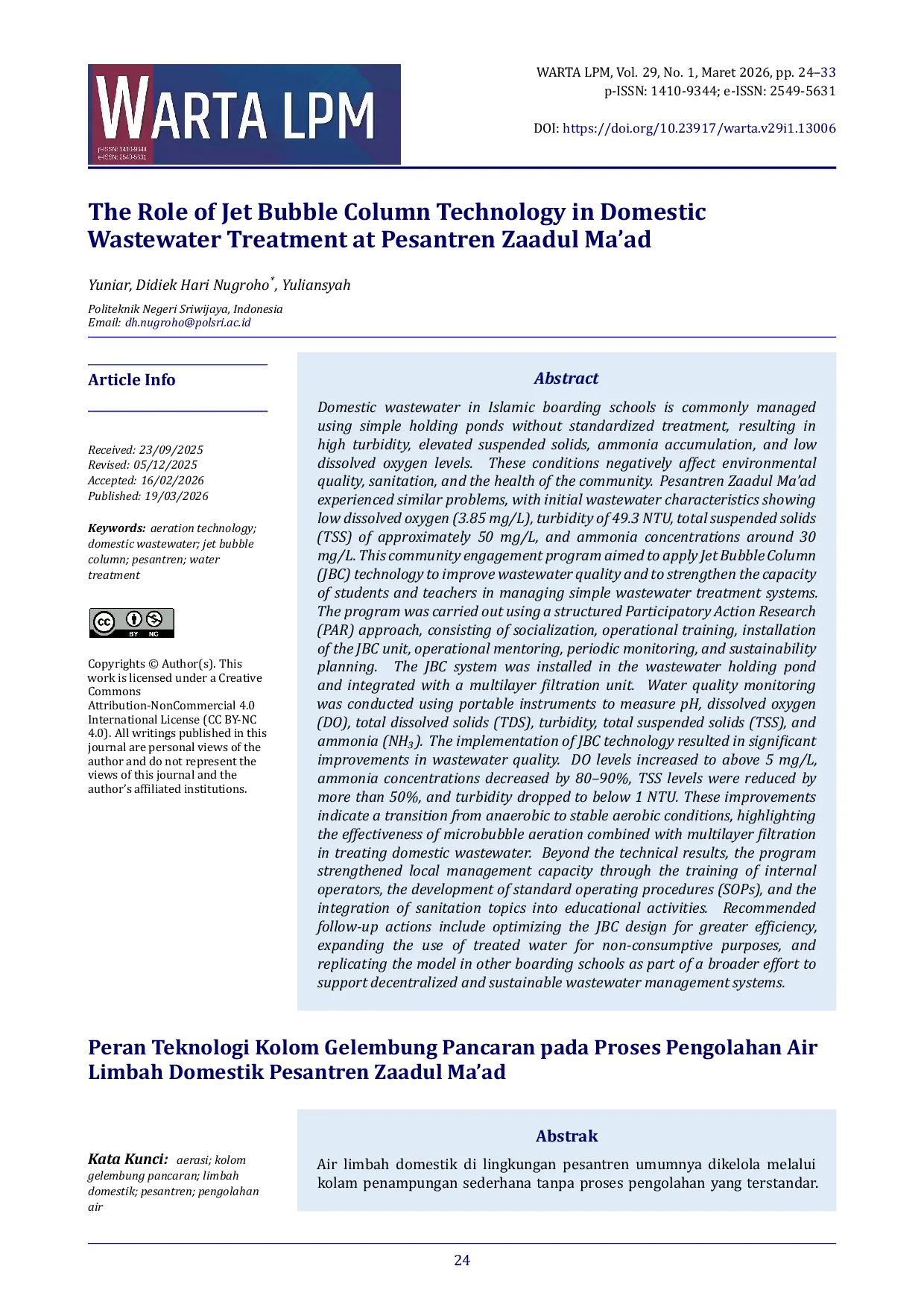 JURIS The Role of Jet Bubble Column Technology in Domestic Wastewater Treatment at Pesantren Zaadul Ma ad