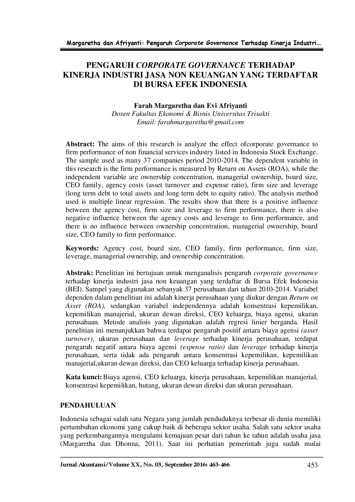 juris Pengaruh Corporate Governance Terhadap Kinerja Industri Jasa Non Keuangan Yang Terdaftar Di Bursa Efek Indonesia