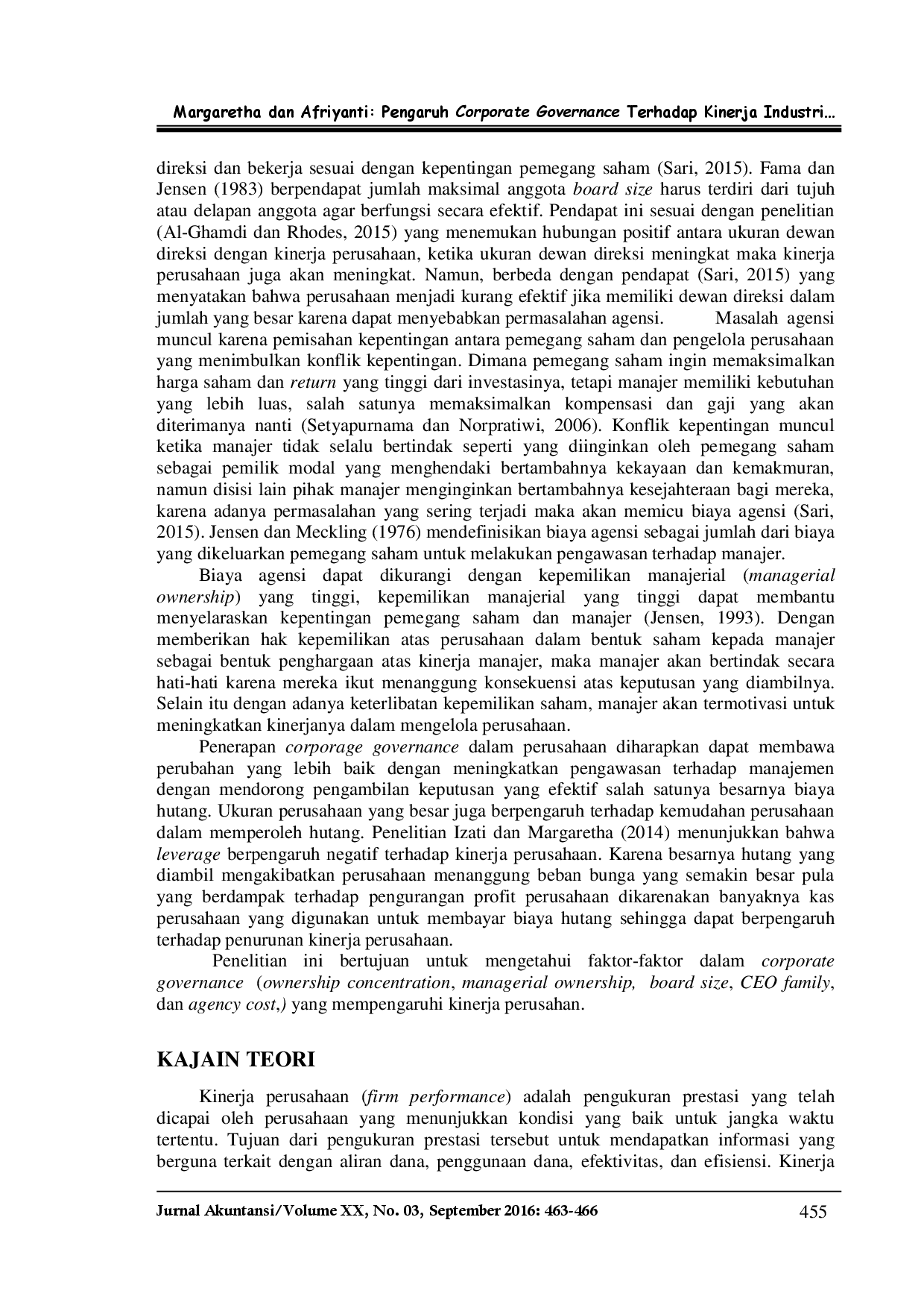 juris Pengaruh Corporate Governance Terhadap Kinerja Industri Jasa Non Keuangan Yang Terdaftar Di Bursa Efek Indonesia