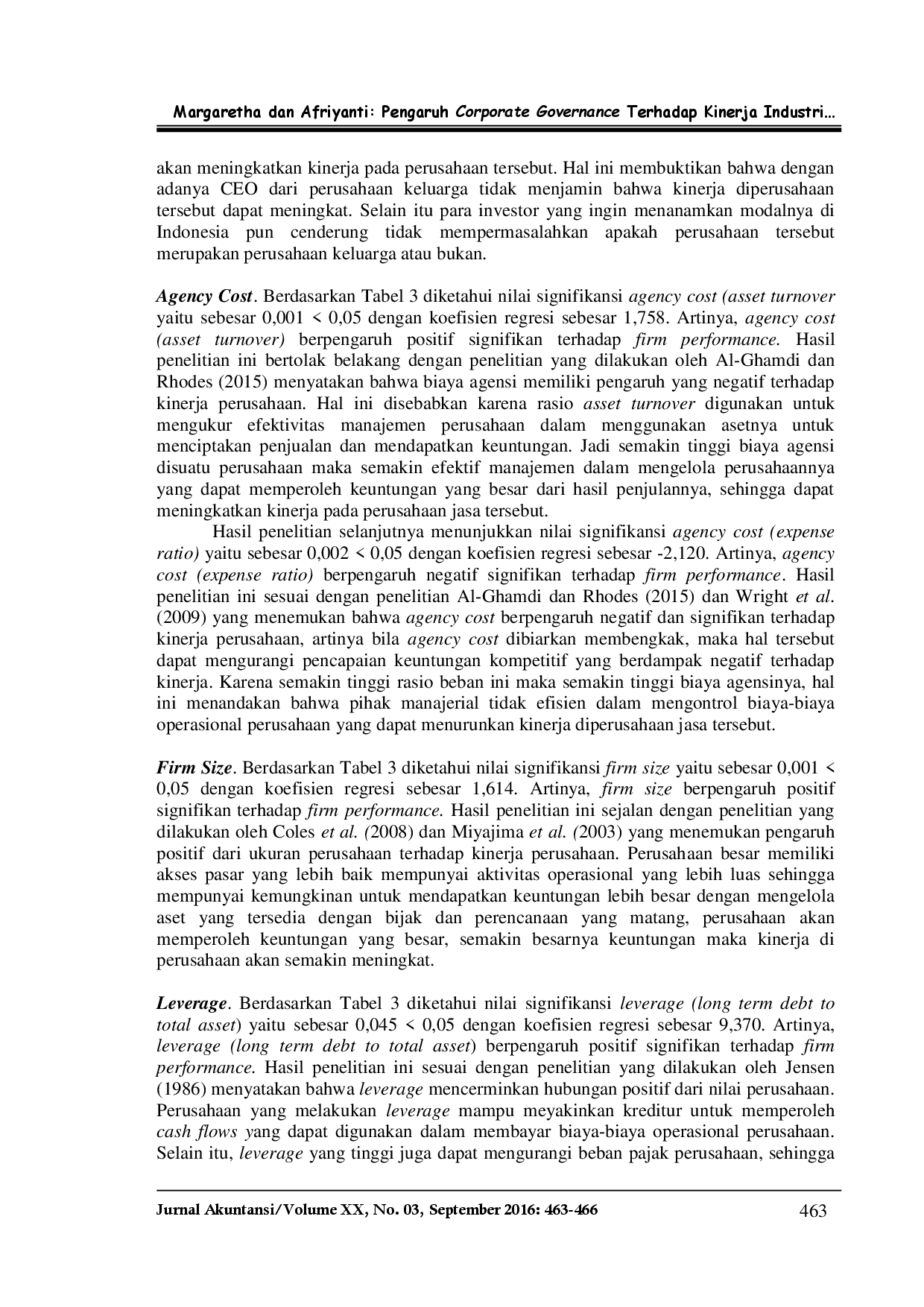 juris Pengaruh Corporate Governance Terhadap Kinerja Industri Jasa Non Keuangan Yang Terdaftar Di Bursa Efek Indonesia