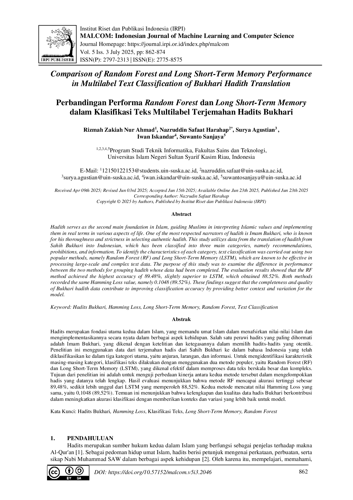 juris Perbandingan Performa Random Forest dan Long Short Term Memory dalam Klasifikasi Teks Multilabel Terjemahan Hadits Bukhari