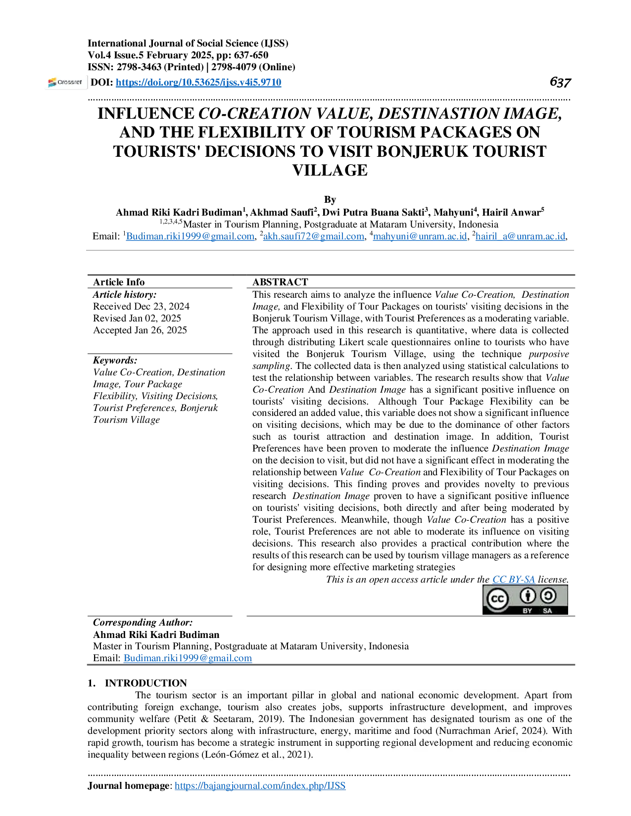 JURIS Pengaruh Value Co Creation Citra Destinasi Dan Fleksibilitas Paket Wisata Terhadap Keputusan Kunjungan Wisatawan Di Desa Wisata Bonjeruk