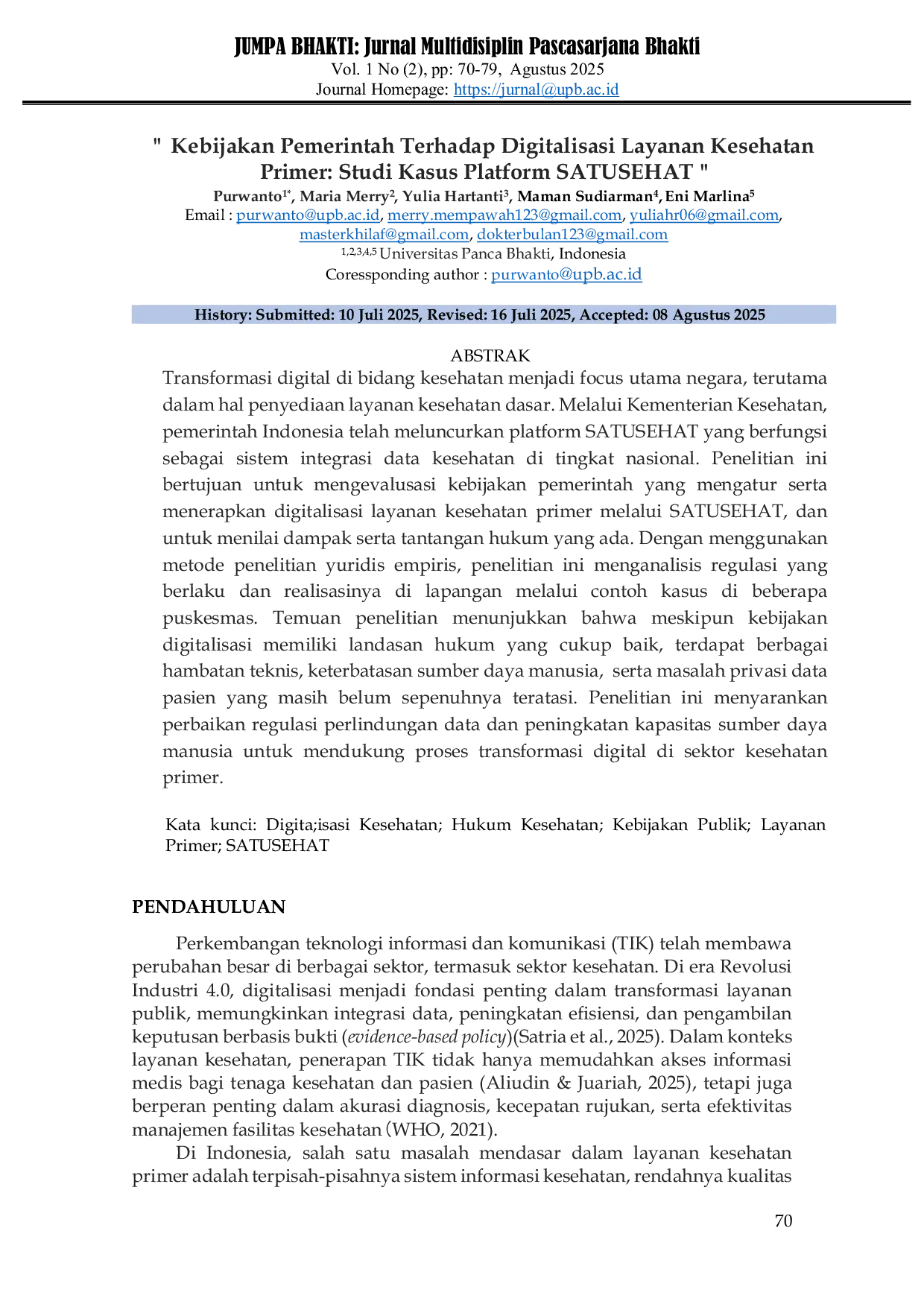 JURIS Kebijakan Pemerintah Terhadap Digitalisasi Layanan Kesehatan Primer Studi Kasus Platform SATUSEHAT