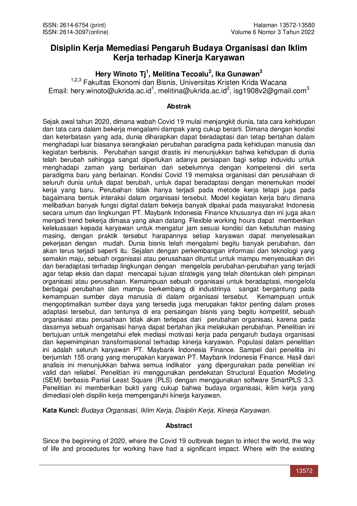 JURIS Disiplin Kerja Memediasi Pengaruh Budaya Organisasi dan Iklim Kerja terhadap Kinerja Karyawan