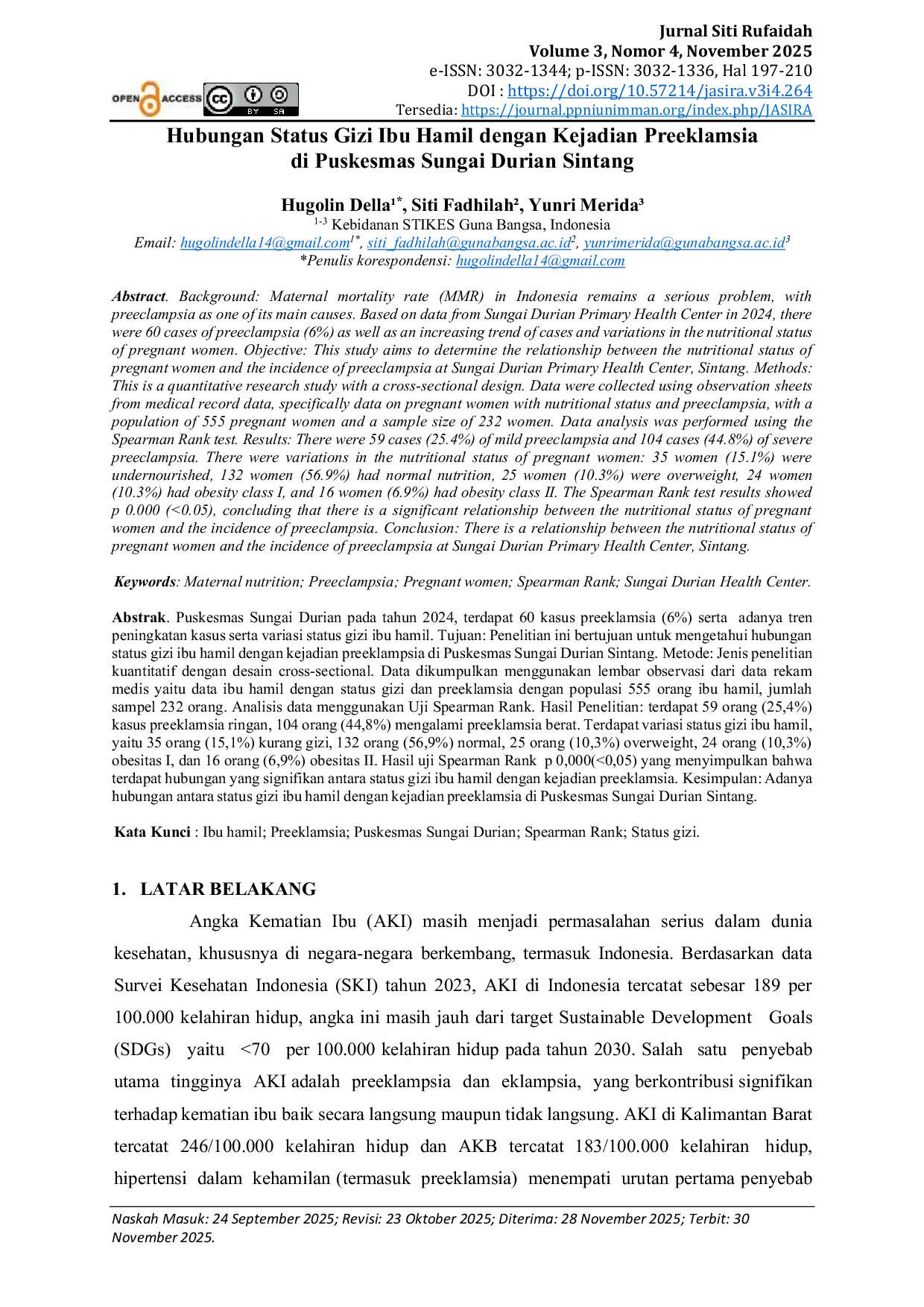 JURIS Hubungan Status Gizi Ibu Hamil dengan Kejadian Preeklamsia di Puskesmas Sungai Durian Sintang