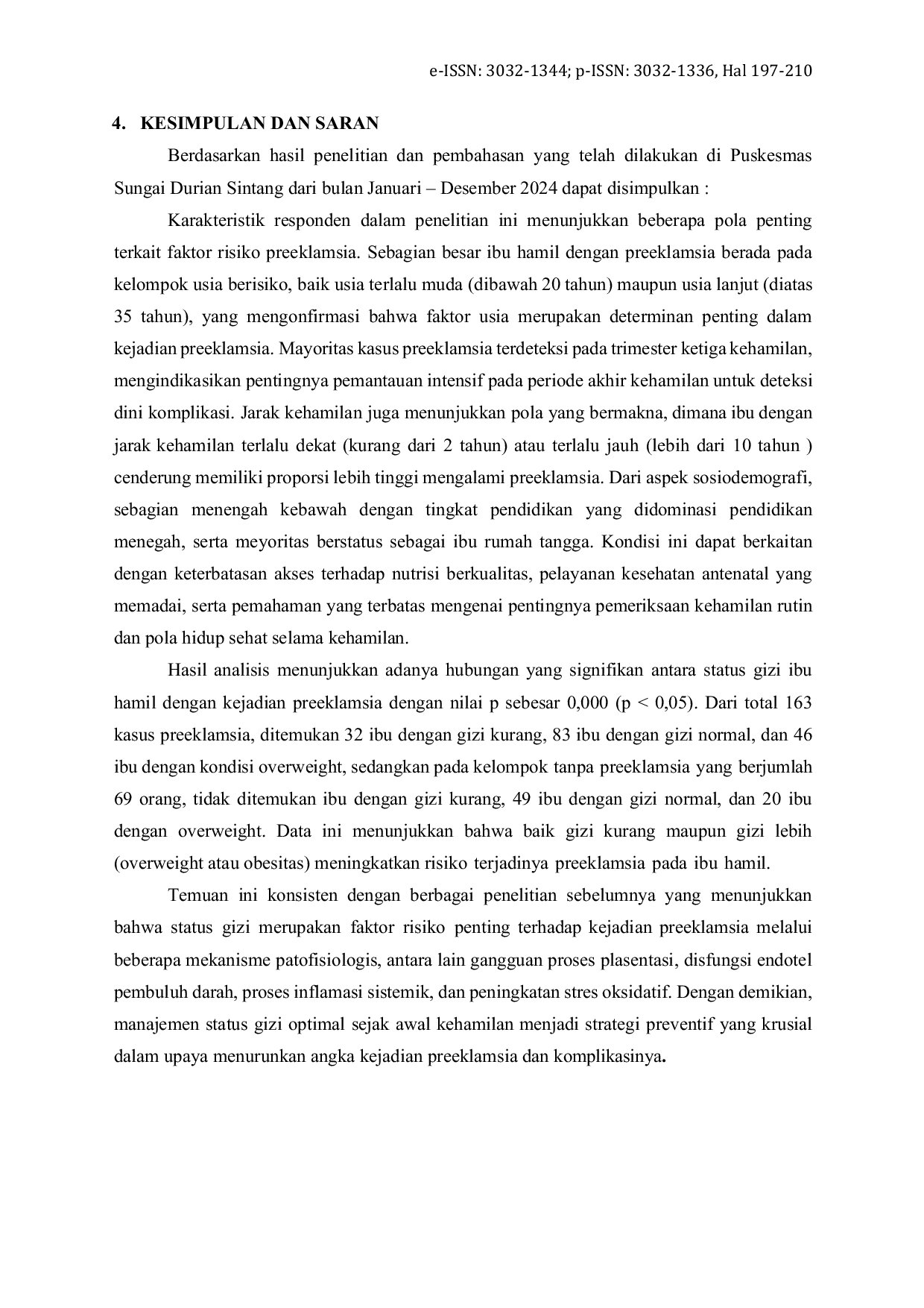 JURIS Hubungan Status Gizi Ibu Hamil dengan Kejadian Preeklamsia di Puskesmas Sungai Durian Sintang