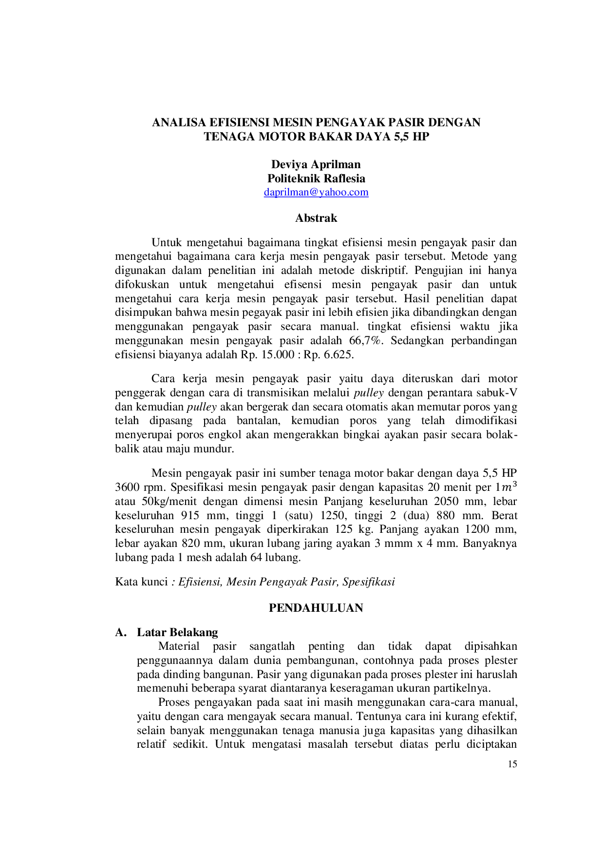 JURIS Analisa Efisiensi Mesin Pengayak Pasir dengan Tenaga Motor Bakar Daya 5 5 Hp