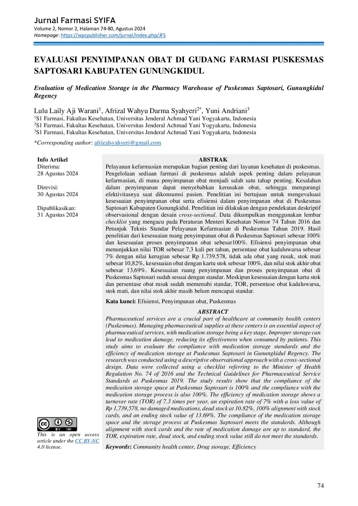 JURIS Evaluasi Penyimpanan Obat Di Gudang Farmasi Puskesmas Saptosari Kabupaten Gunungkidul