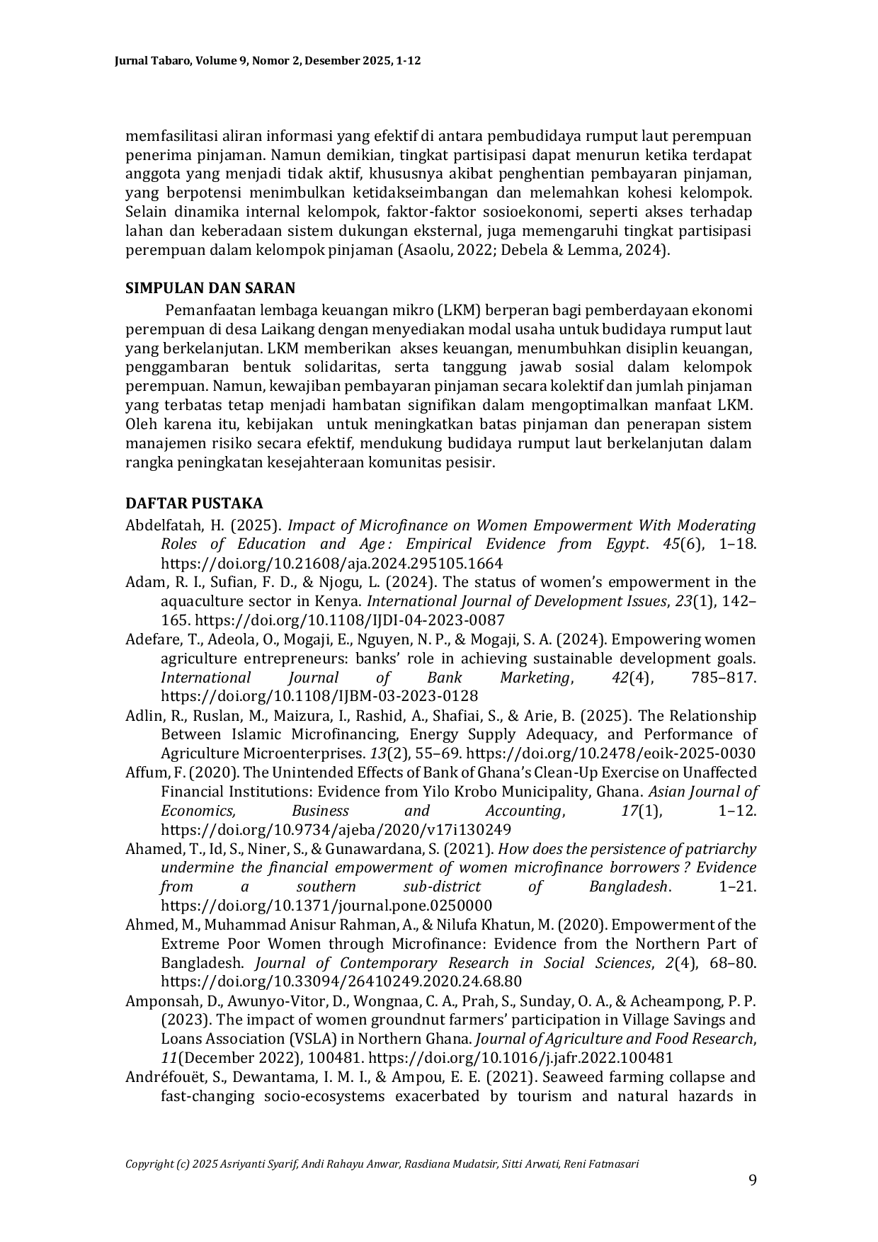 JURIS Perempuan Pesisir Peran Lembaga Keuangan Mikro Keberlanjutan Pembudidayaan Rumput Laut Analisis Sosial Ekonomi