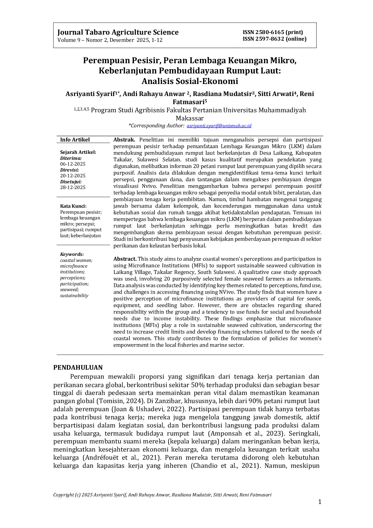 JURIS Perempuan Pesisir Peran Lembaga Keuangan Mikro Keberlanjutan Pembudidayaan Rumput Laut Analisis Sosial Ekonomi