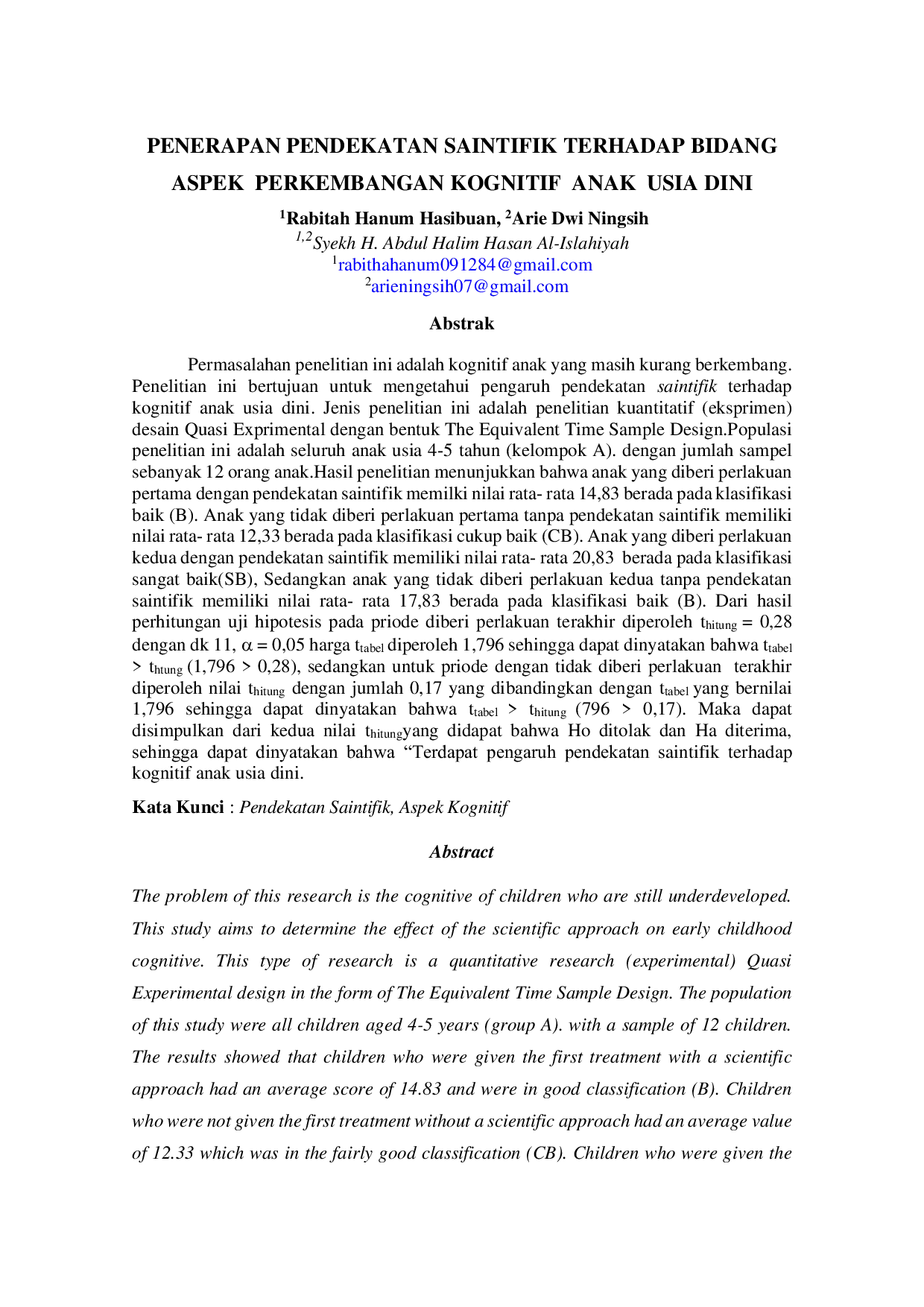 JURIS Penerapan Pendekatan Saintifik Terhadap Bidang Aspek Perkembangan Kognitif Anak Usia Dini