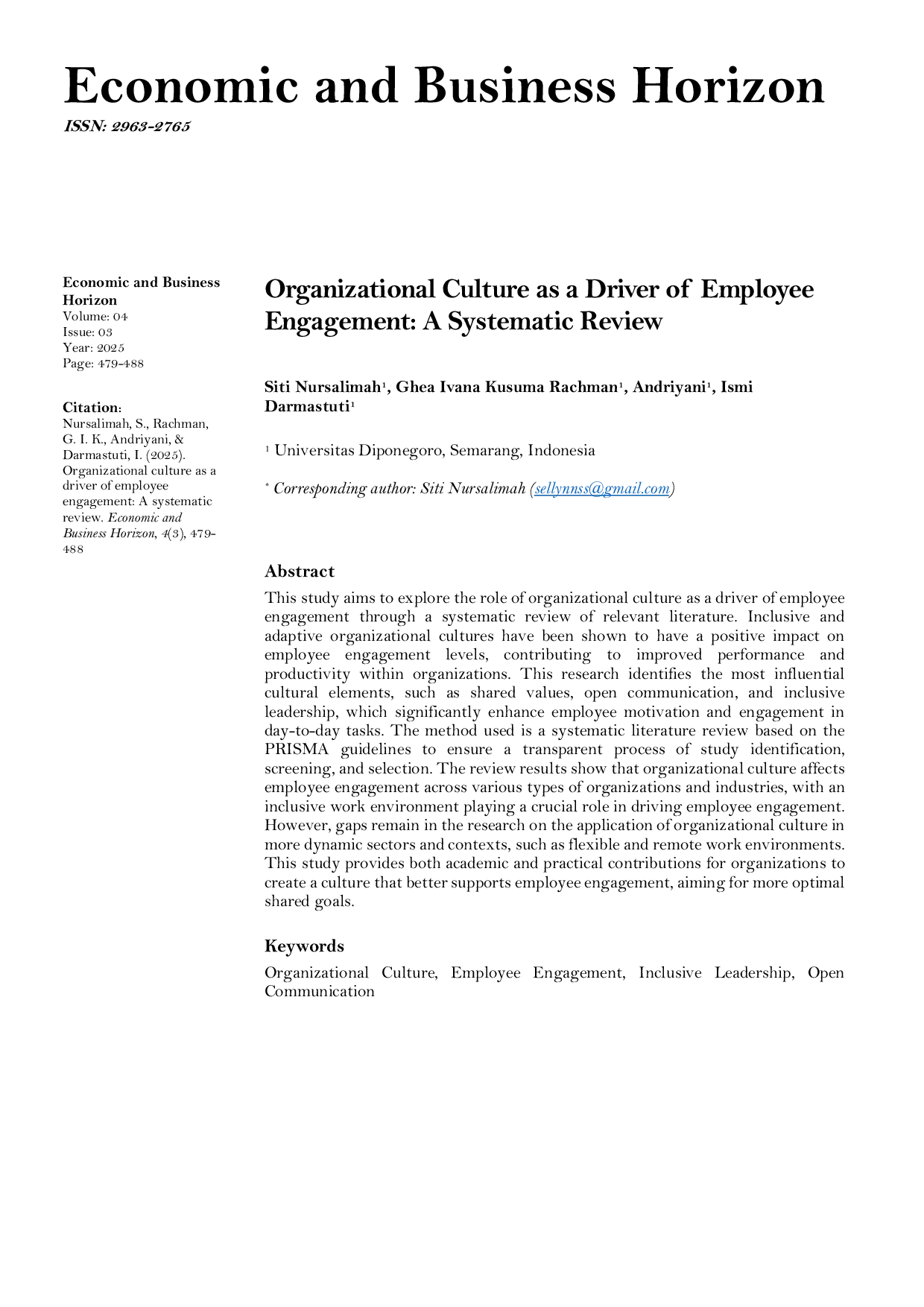 JURIS Organizational Culture As A Driver Of Employee Engagement A Systematic Review