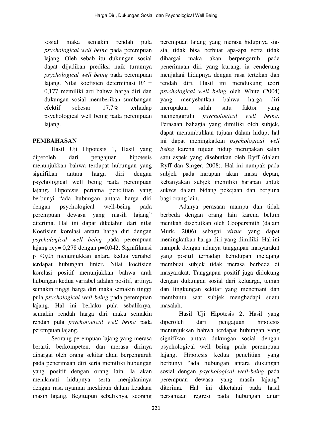 JURIS Harga Diri Dukungan Sosial dan Psychological Well Being Perempuan Dewasa yang Masih Lajang