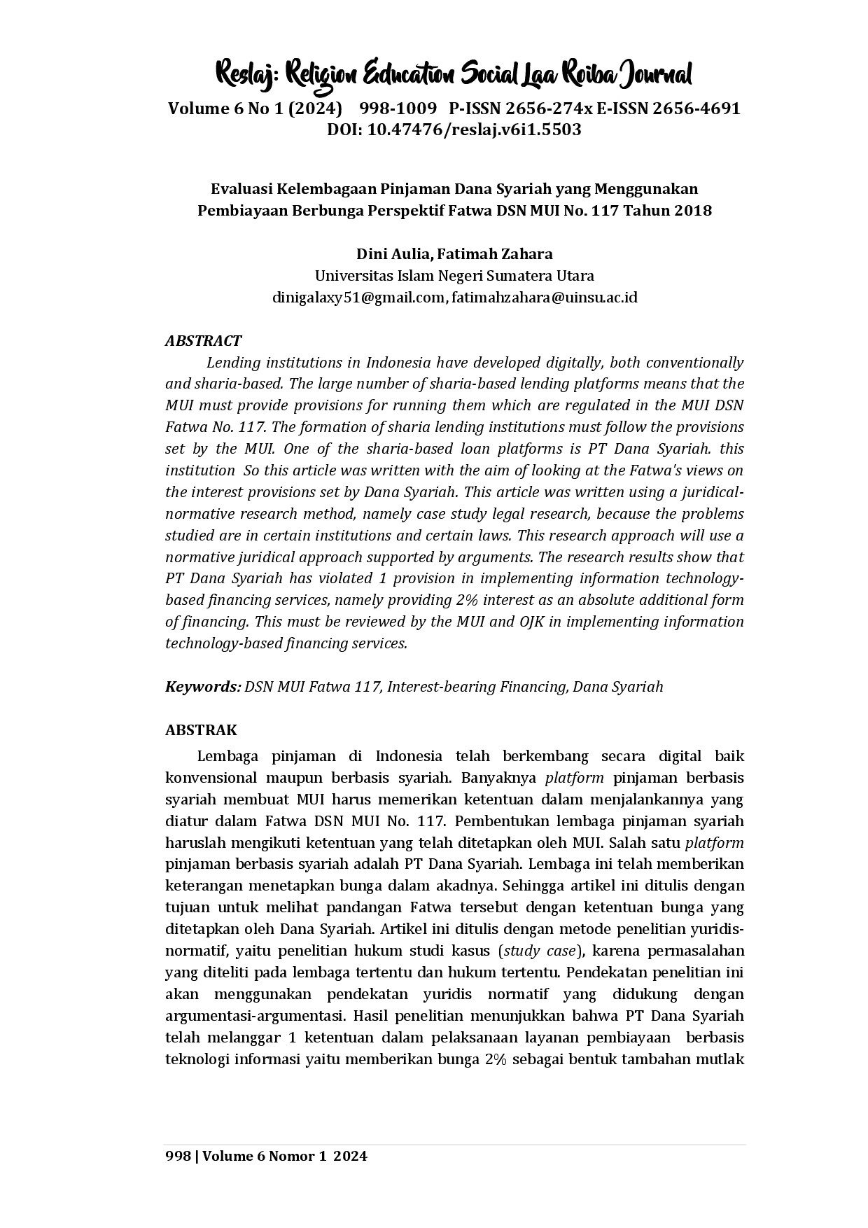 juris Evaluasi Kelembagaan Pinjaman Dana Syariah yang Menggunakan Pembiayaan Berbunga Perspektif Fatwa DSN MUI No 117 Tahun 2018