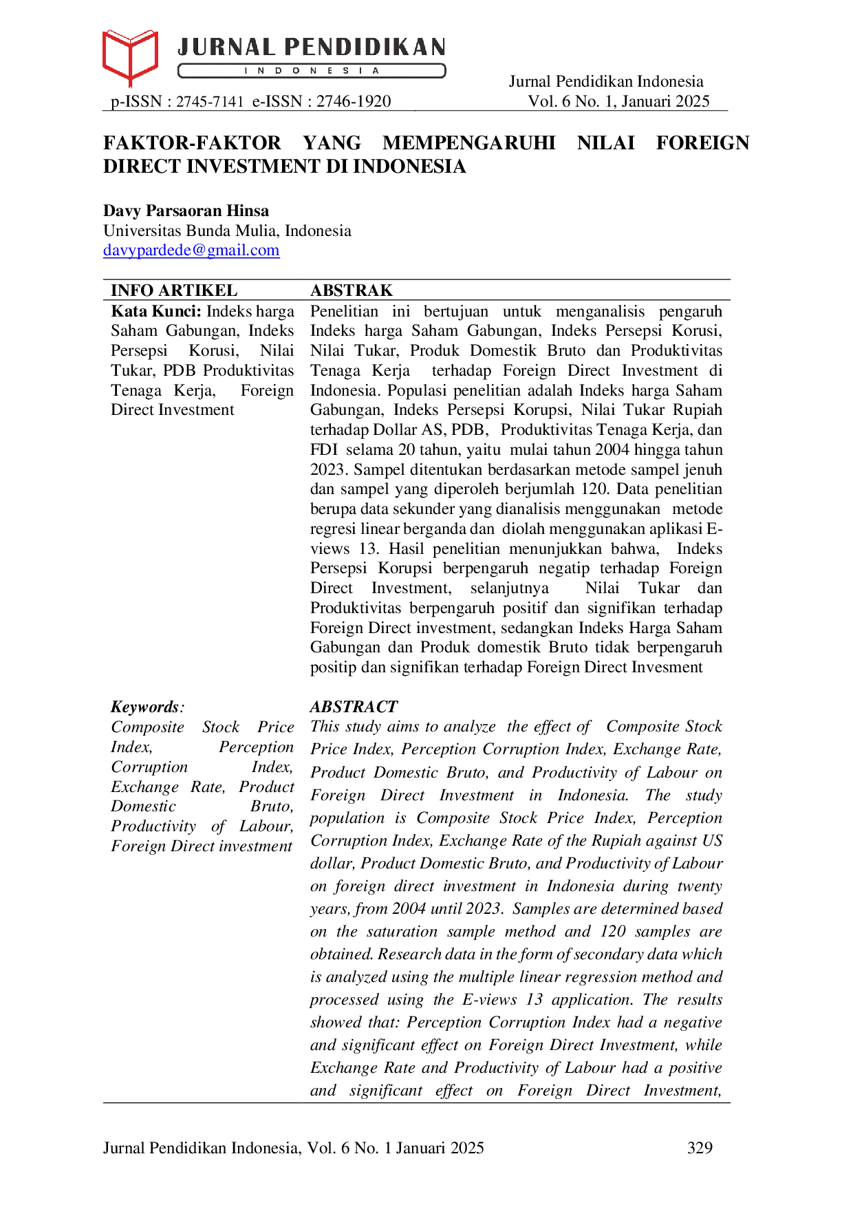 JURIS Faktor Faktor Yang Mempengaruhi Nilai Foreign Direct Investment Di Indonesia