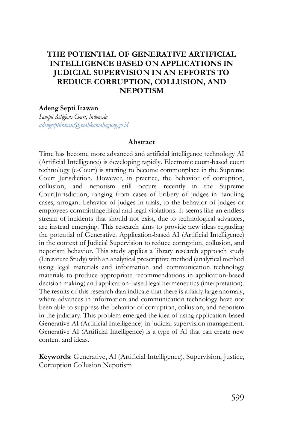 JURIS The Potential of Generative Artificial Intelligence Based on Applications in Judicial Supervision in An Efforts to Reduce Corruption Collusion and Nepotism