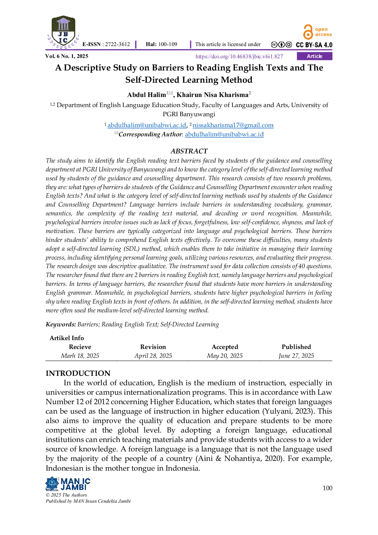 JURIS A Descriptive Study on Barriers to Reading English Texts and The Self Directed Learning Method