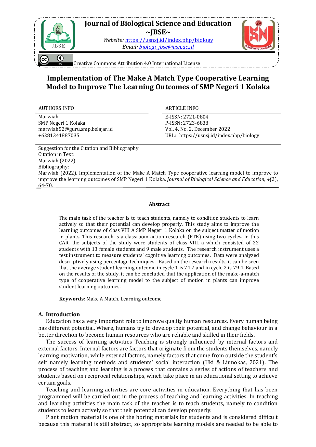 JURIS Implementation of The Make A Match Type Cooperative Learning Model to Improve The Learning Outcomes of SMP Negeri 1 Kolaka