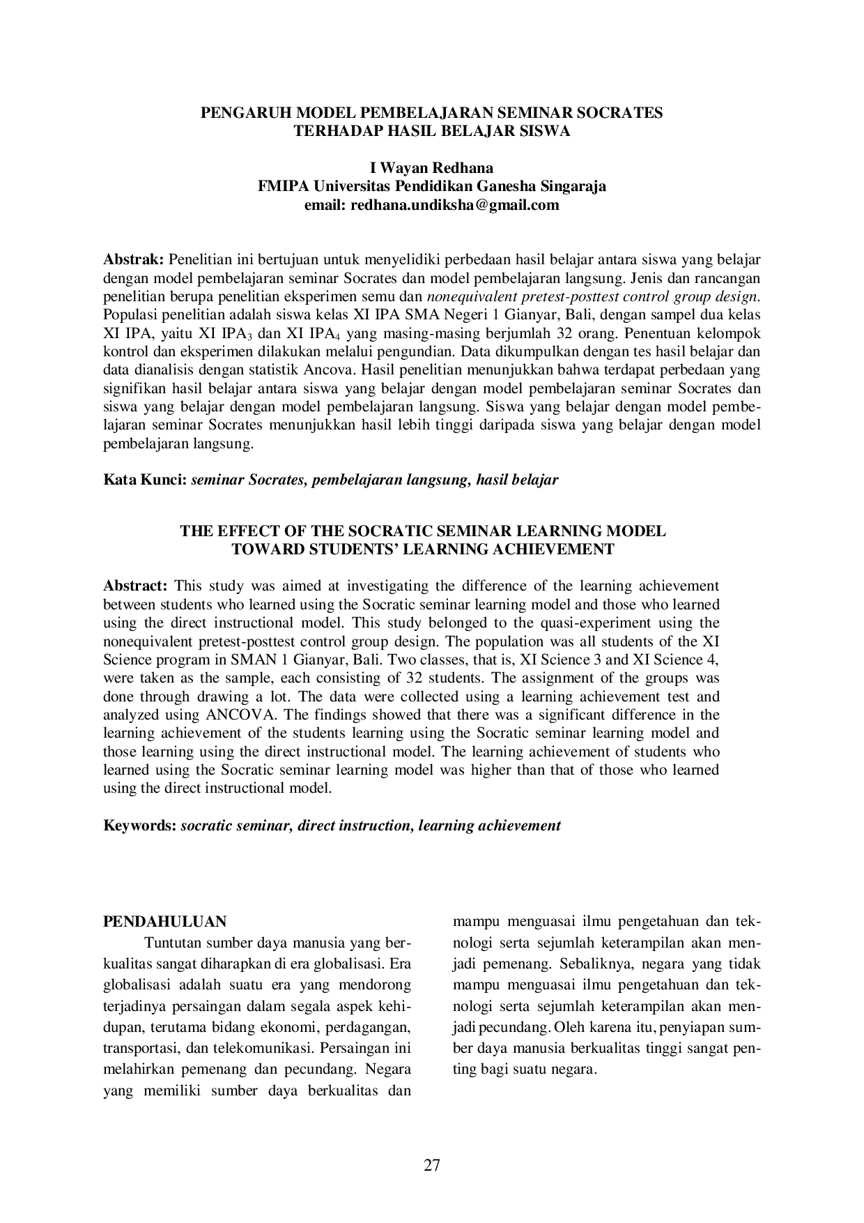 juris Pengaruh Model Pembelajaran Seminar Socrates terhadap Hasil Belajar Siswa