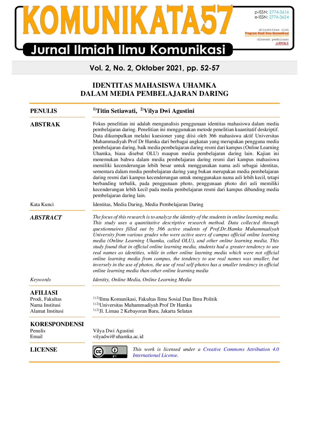 JURIS Identitas Mahasiswa Uhamka Dalam Media Pembelajaran Daring
