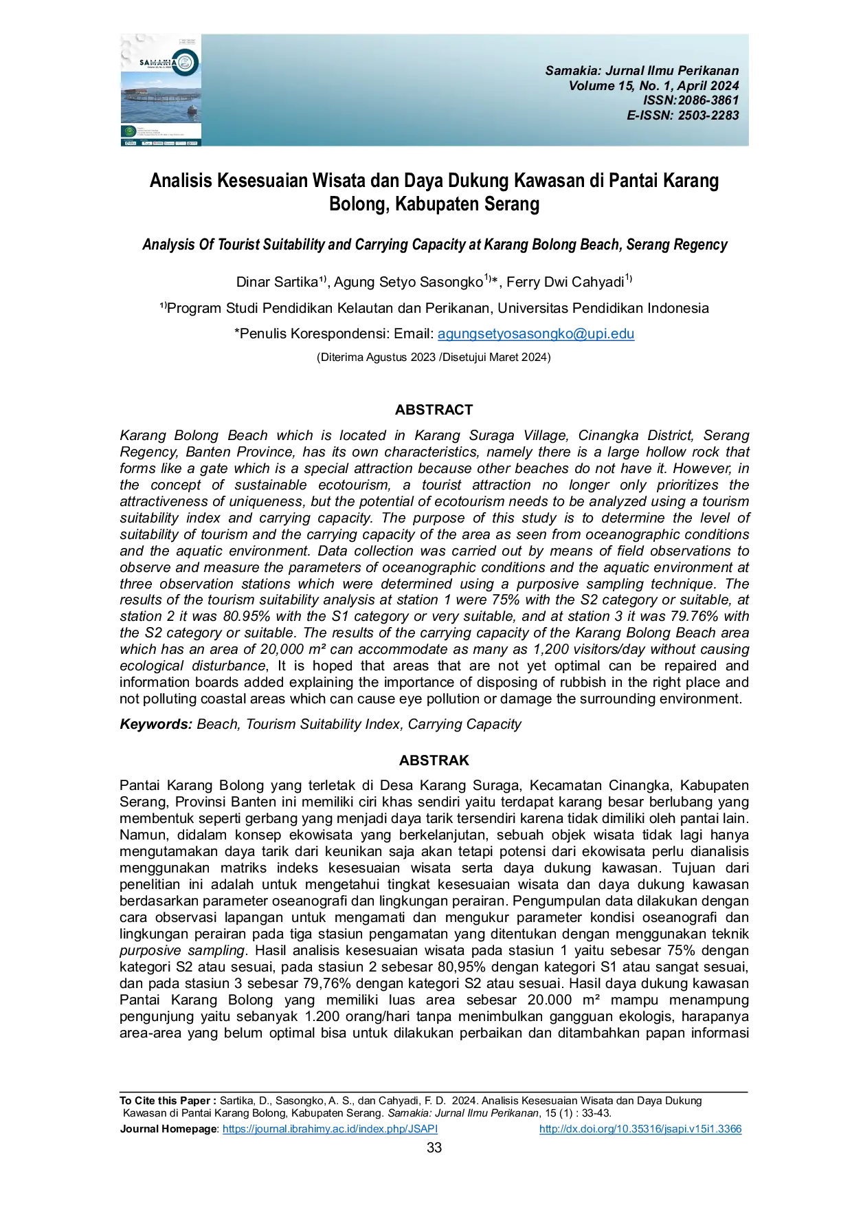 JURIS Analisis Kesesuaian Wisata dan Daya Dukung Kawasan di Pantai Karang Bolong Kabupaten Serang