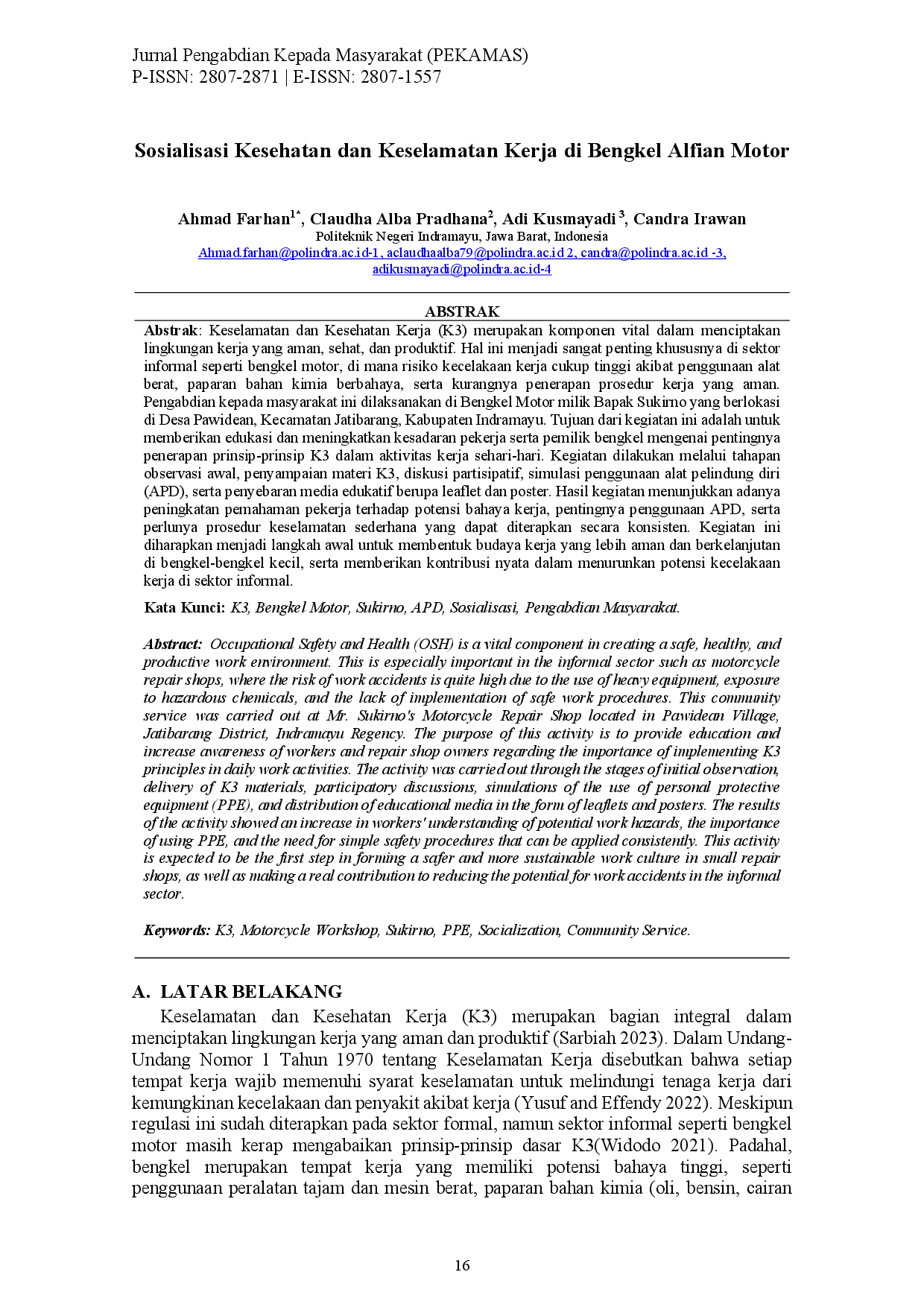 juris Sosialisasi Kesehatan dan Keselamatan Kerja di Bengkel Alfian Motor