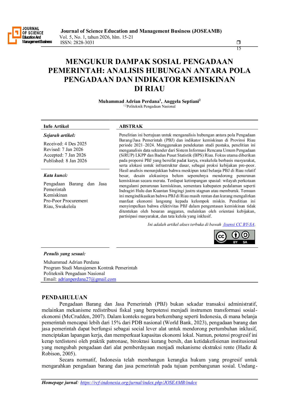 JURIS Mengukur Dampak Sosial Pengadaan Pemerintah Analisis Hubungan Antara Pola Pengadaan Dan Indikator Kemiskinan Di Riau