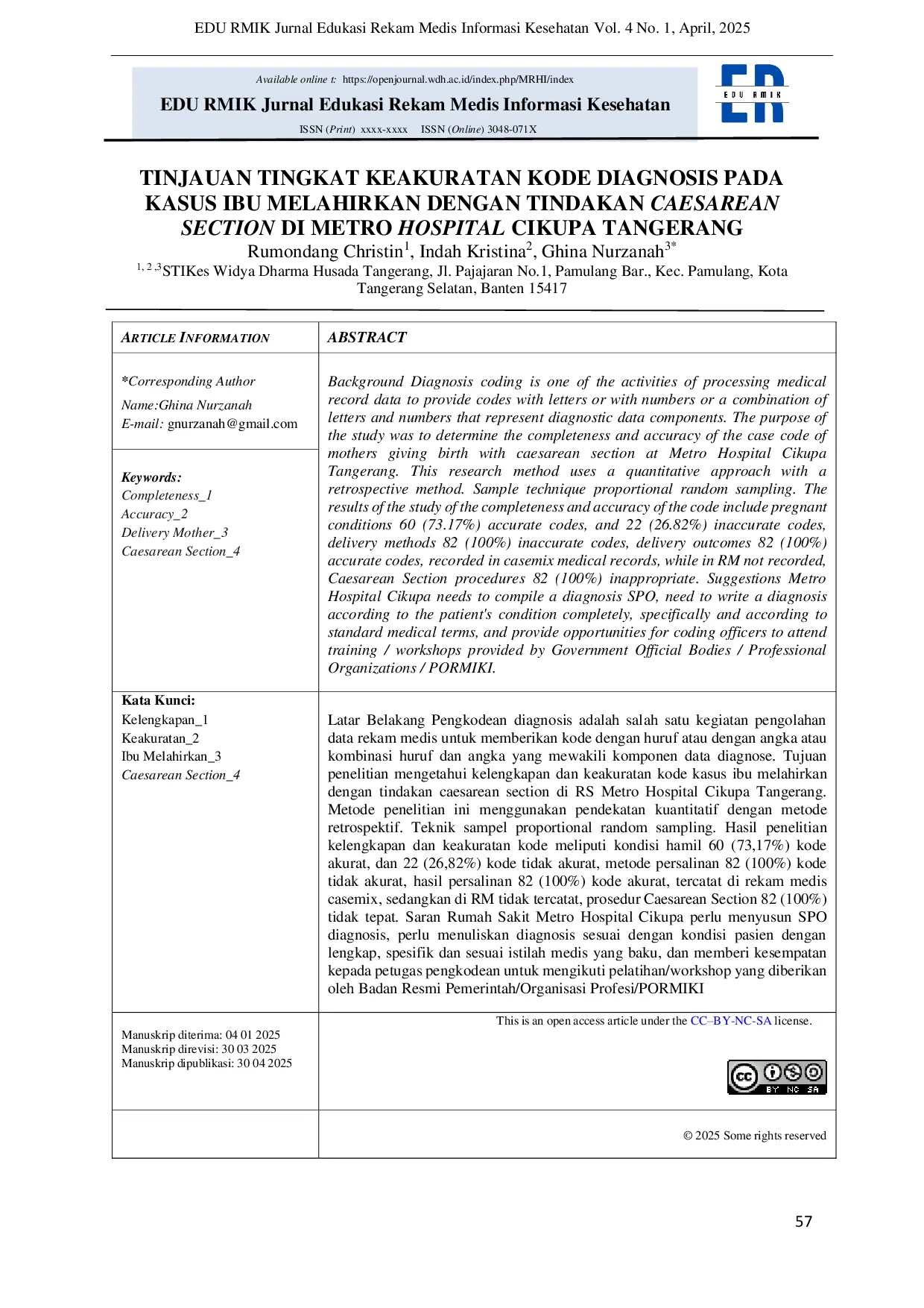 JURIS Tinjauan Tingkat Keakuratan Kode Diagnosis Pada Kasus Ibu Melahirhan Dengan Tindakan Caesarean Section di Metro Hospital Cikupa Tangerang
