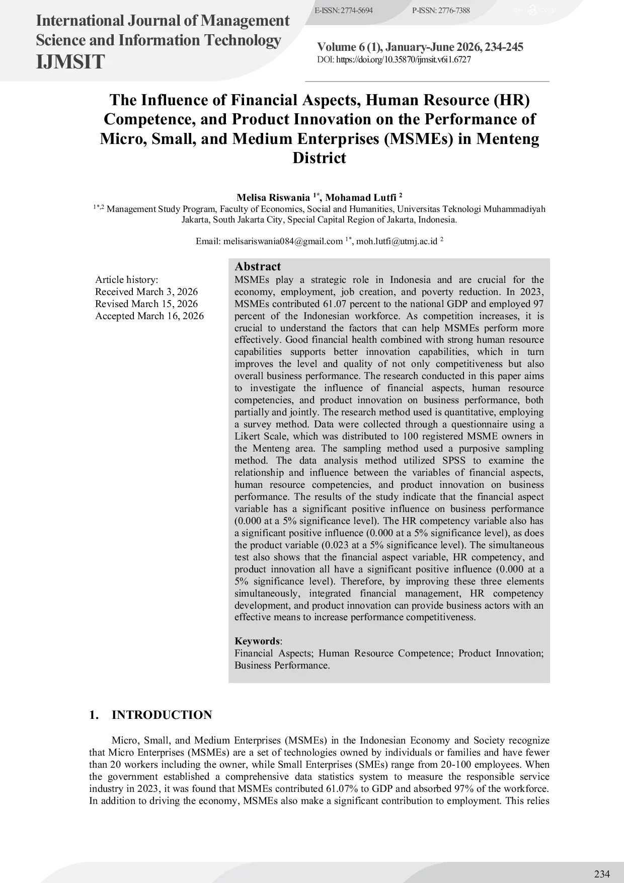 JURIS The Influence of Financial Aspects Human Resource HR Competence and Product Innovation on the Performance of Micro Small and Medium Enterprises MSMEs in Menteng District