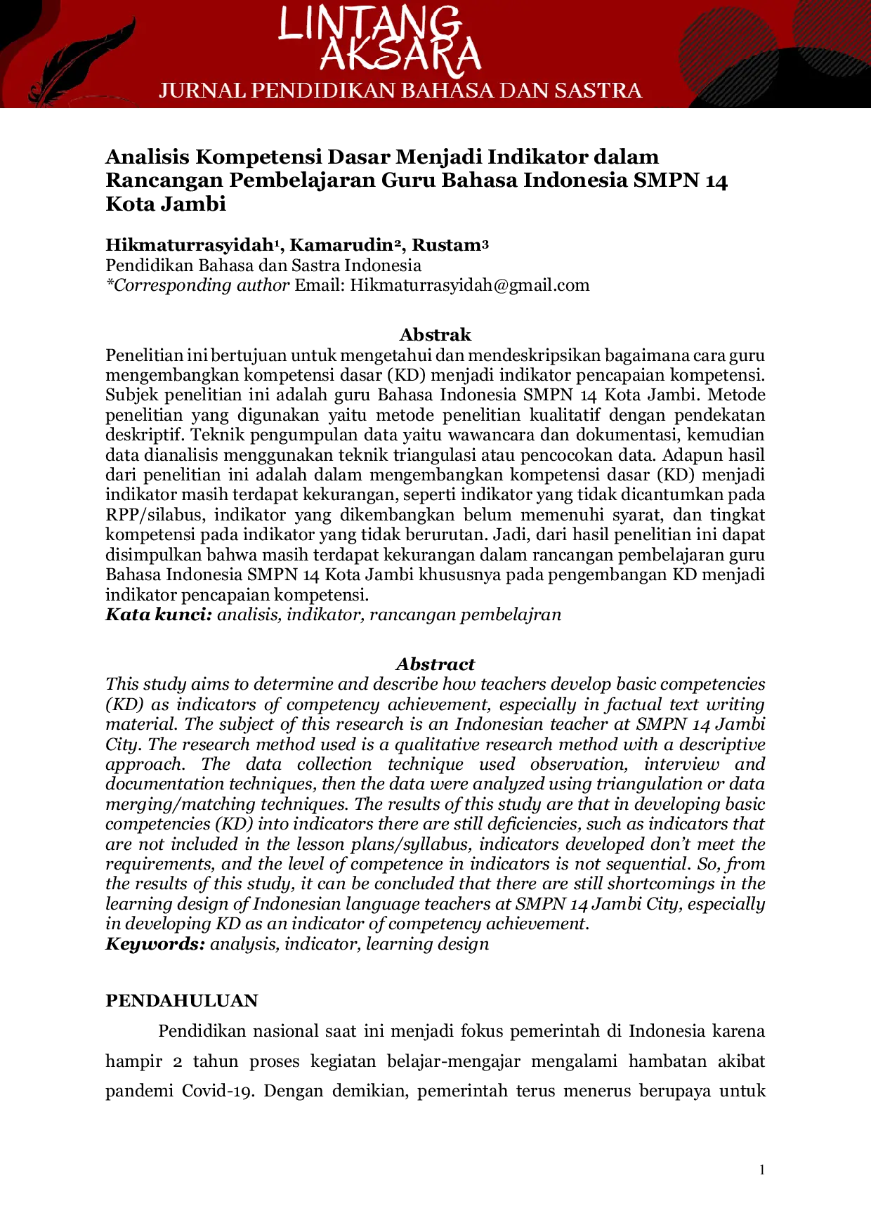 JURIS Analisis Kompetensi Dasar Menjadi Indikator dalam Rancangan Pembelajaran Guru Bahasa Indonesia SMPN 14 Kota Jambi