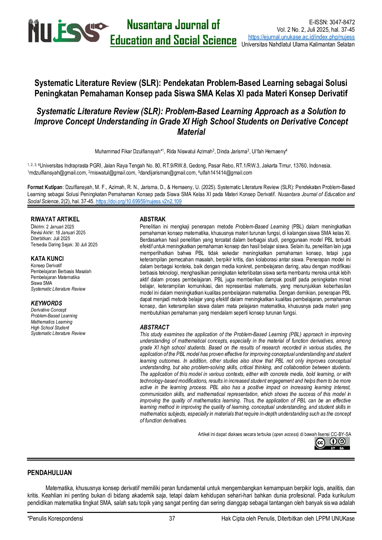 JURIS Systematic Literature Review SLR Pendekatan Problem Based Learning sebagai Solusi Peningkatan Pemahaman Konsep pada Siswa SMA Kelas XI pada Materi Konsep Derivatif