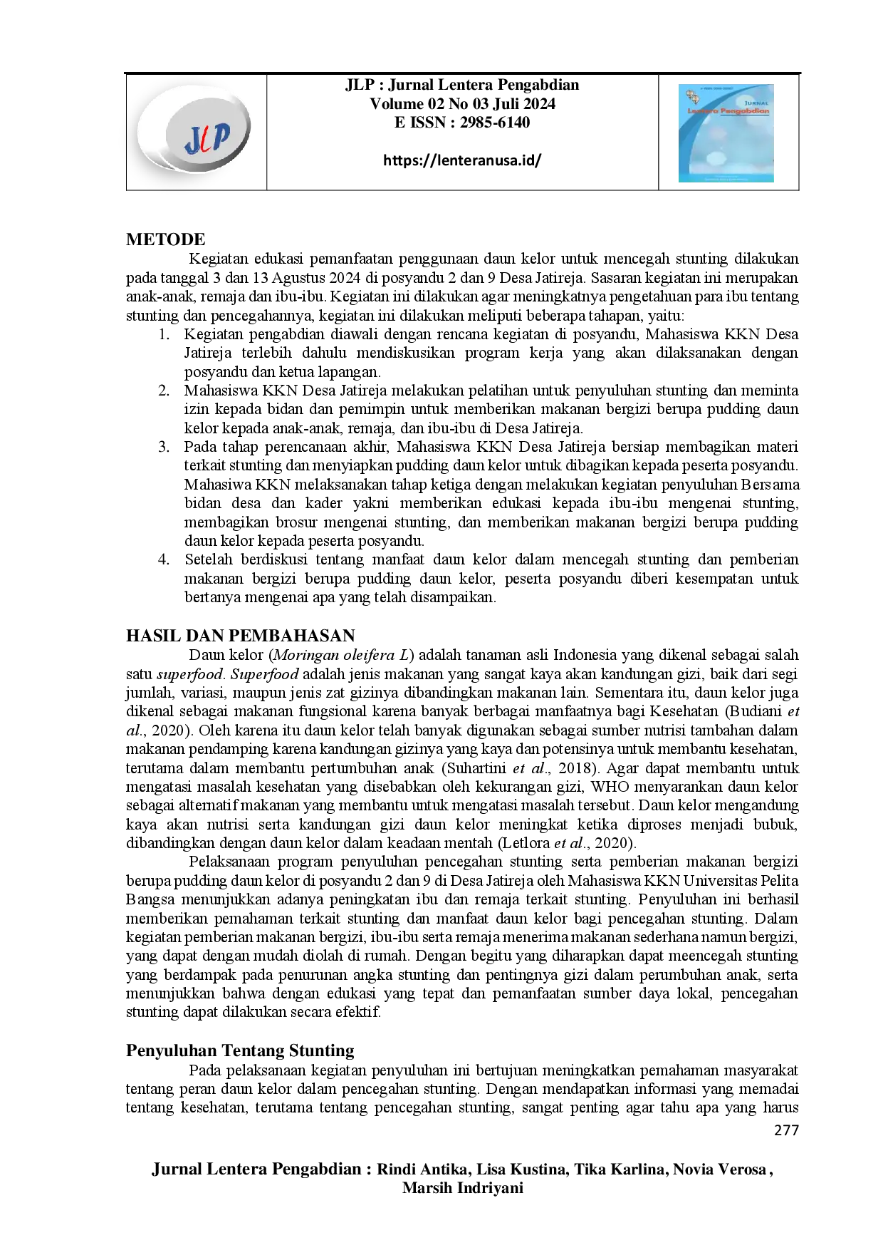 juris Edukasi Pemanfaatan Daun Kelor Bagi Pencegahan Stunting di Desa Jatireja