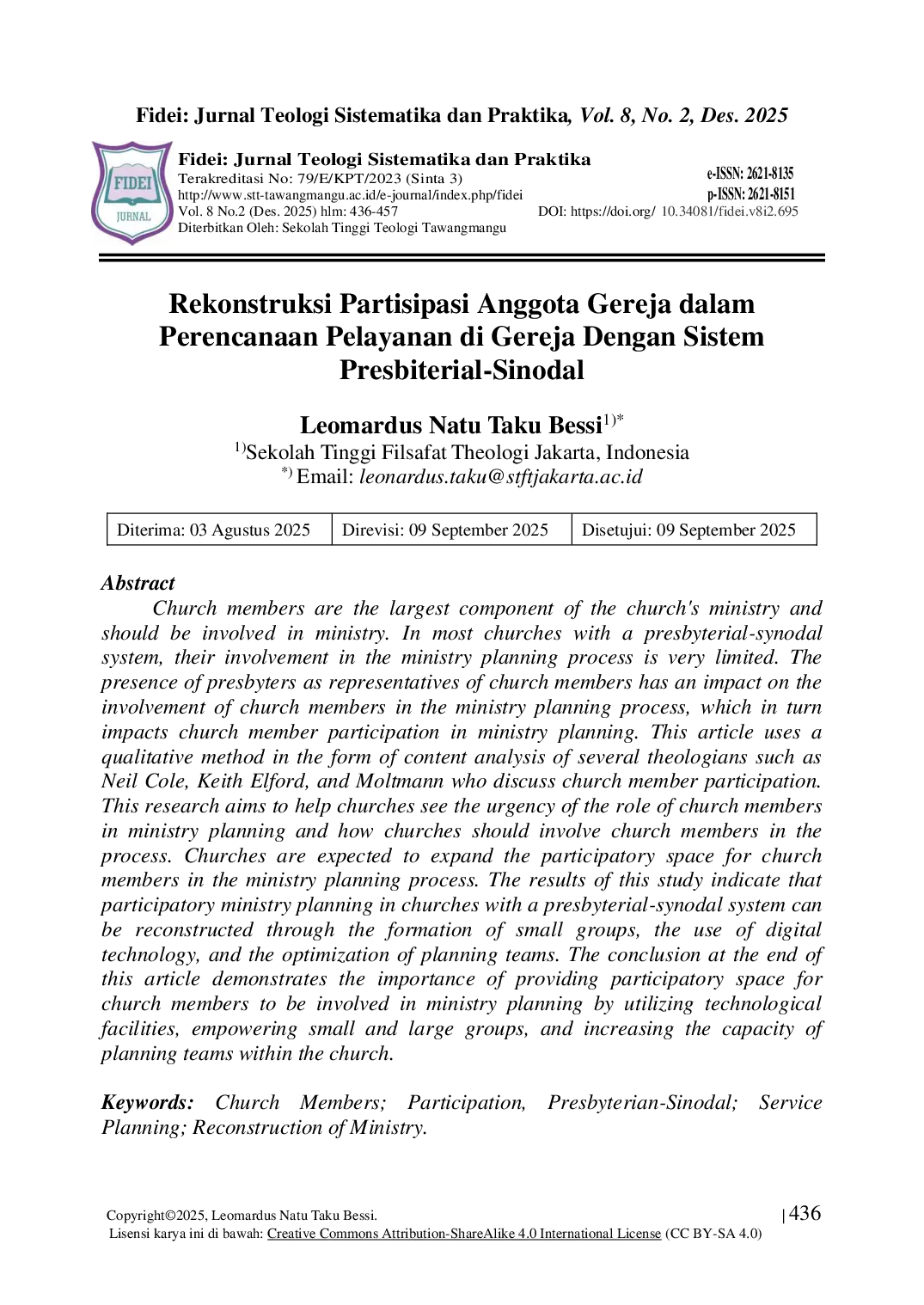 JURIS Rekonstruksi Partisipasi Anggota Gereja Dalam Perencanaan Pelayanan di Gereja Dengan Sistem Presbiterial Sinodal