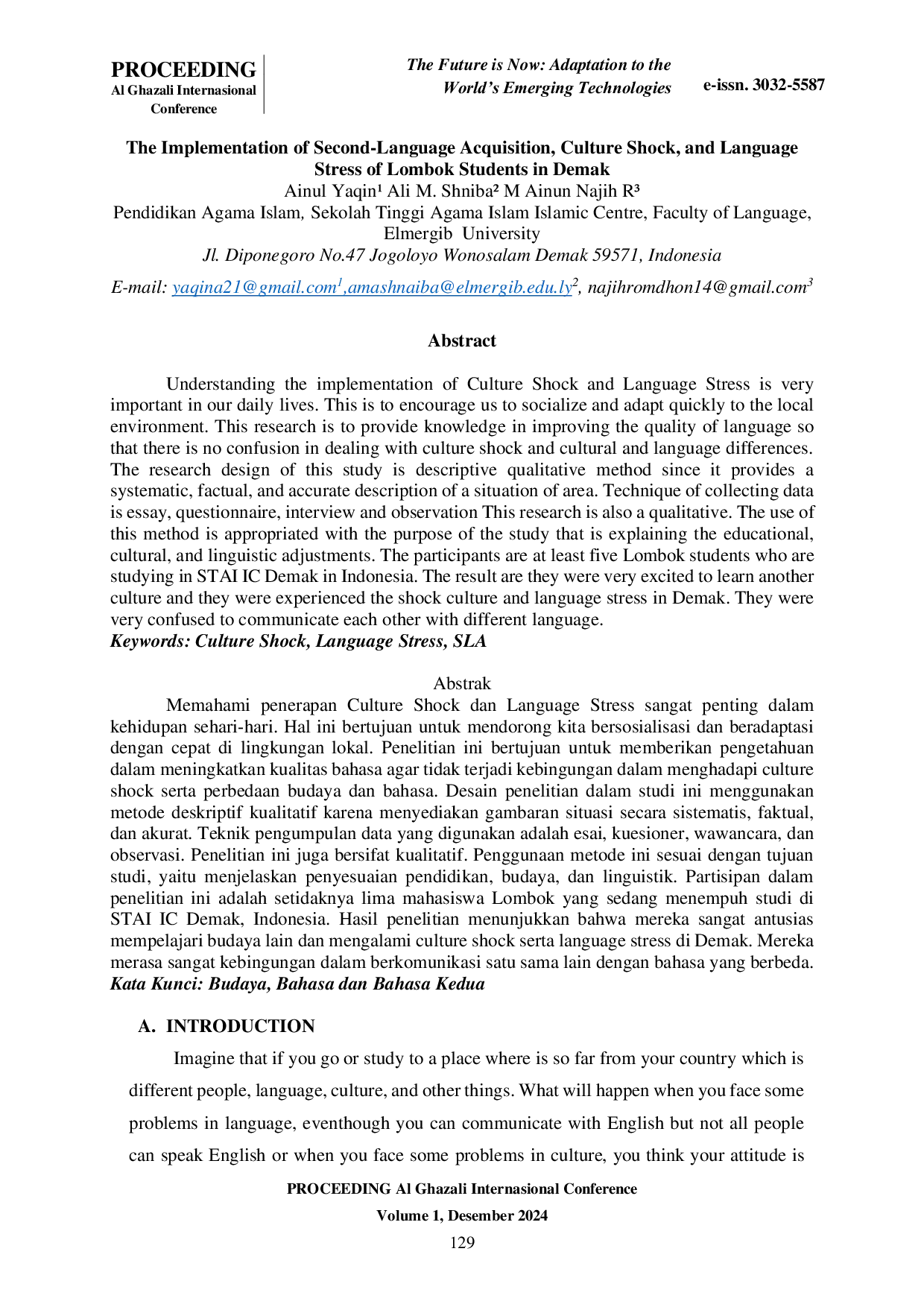 JURIS The Implementation of Second Language Acquisition Culture Shock and Language Stress of Lombok Students in Demak