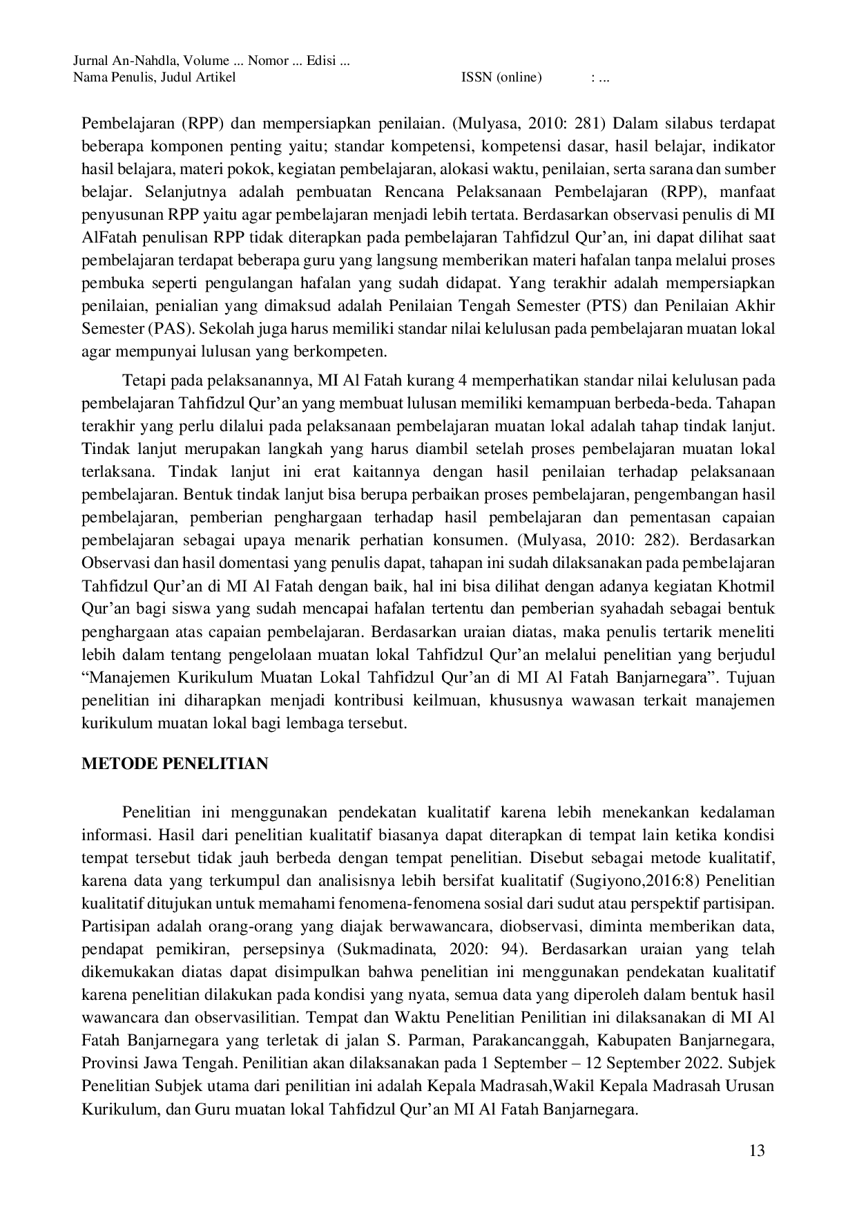 JURIS Manajemen Kurikulum Muatan Lokal Tahfidzul Qur an di MI Al Fatah Parakancanggah Banjarnegara