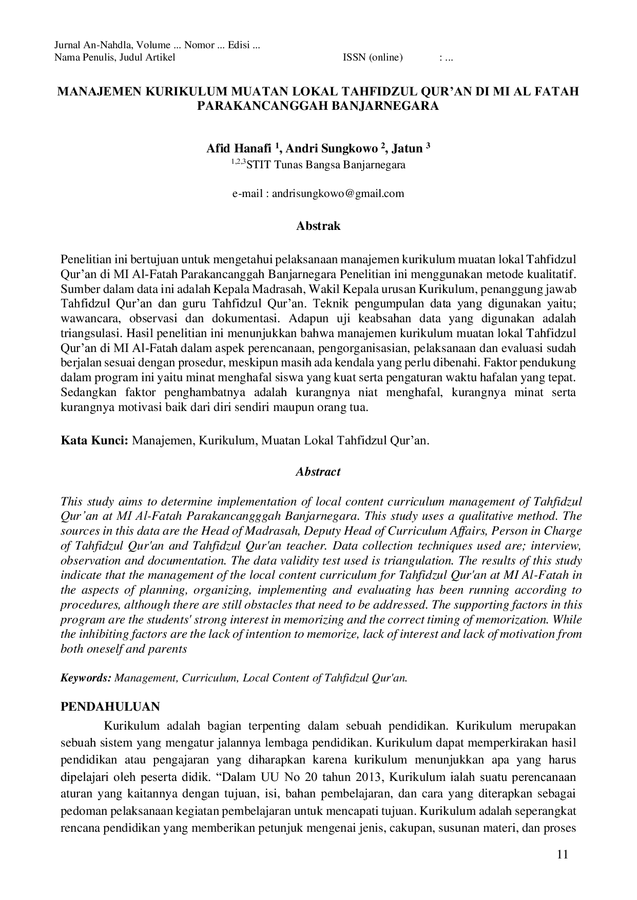JURIS Manajemen Kurikulum Muatan Lokal Tahfidzul Qur an di MI Al Fatah Parakancanggah Banjarnegara