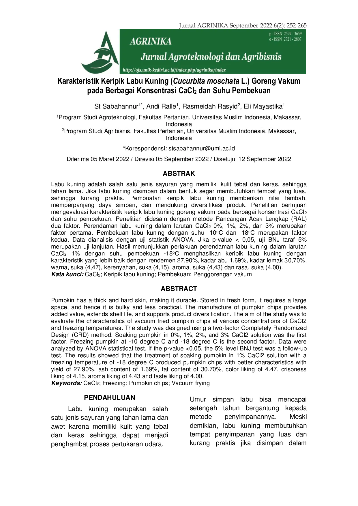 JURIS Peningkatan Mutu Keripik Labu Kuning Cucurbita moschata L Goreng Vakum pada Berbagai Konsentrasi CaCl2 dan Suhu Pembekuan