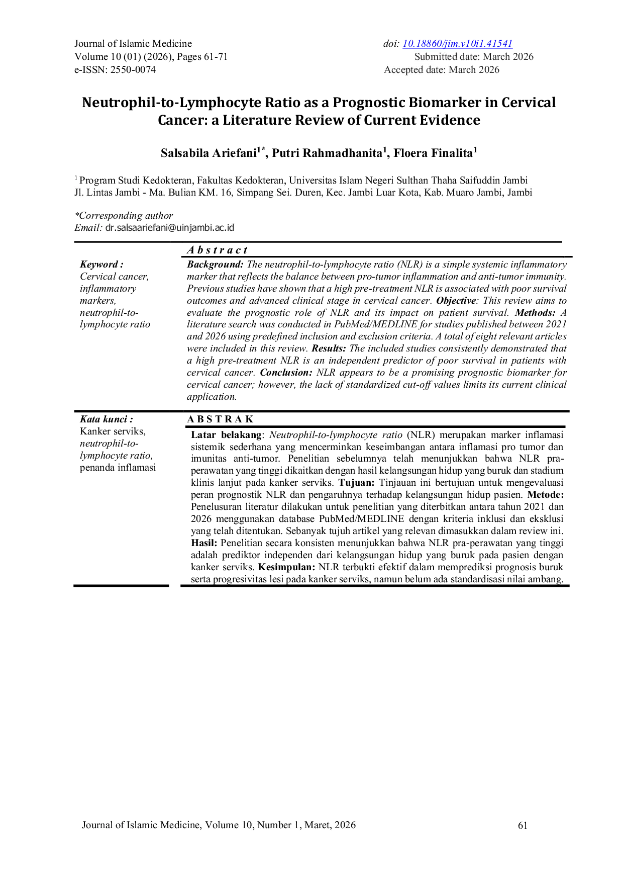 JURIS Neutrophil to Lymphocyte Ratio as a Prognostic Biomarker in Cervical Cancer A Literature Review of Current Evidence